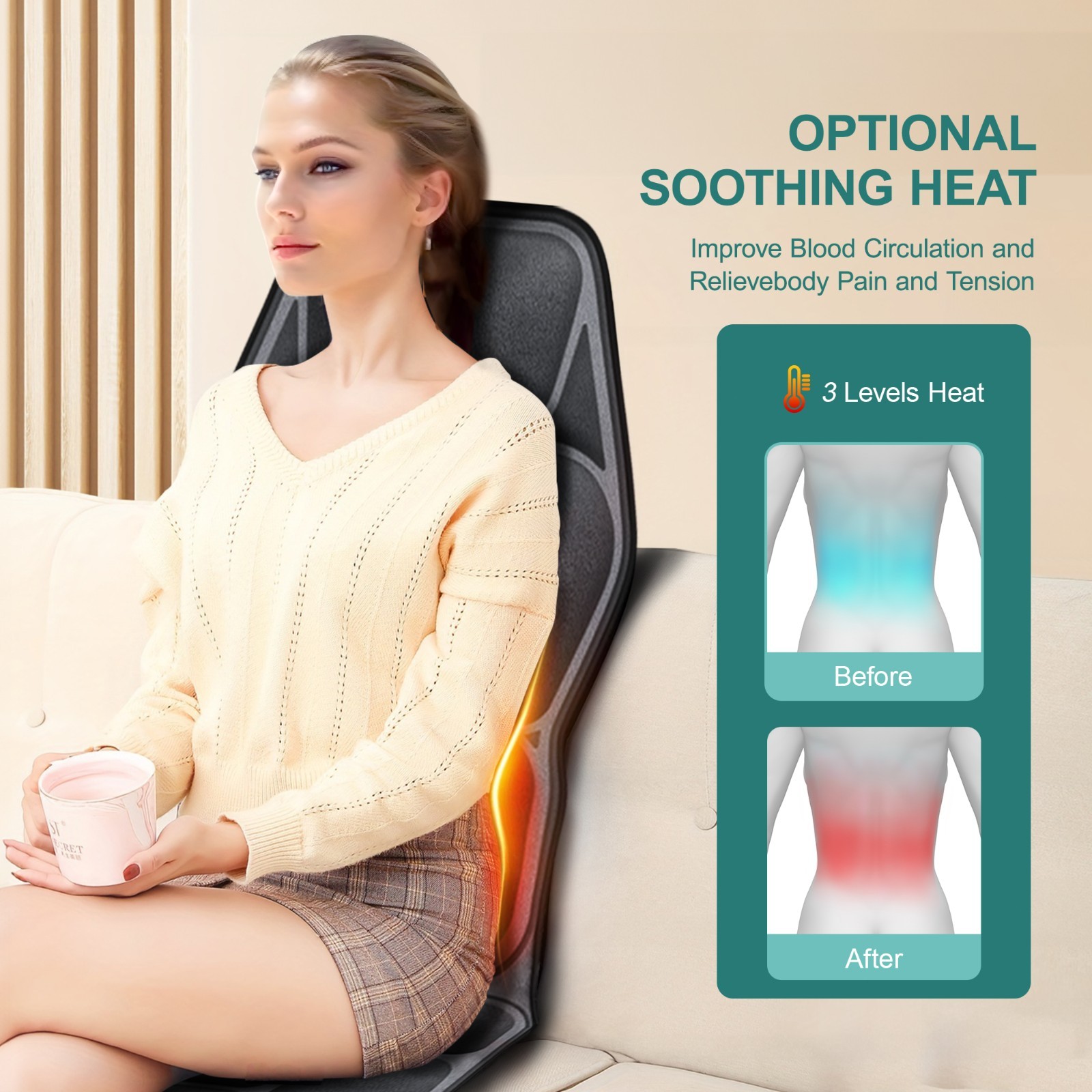 Massage Chair Portable Back Massager with Heat Massage Seat Cushion PU Leather
