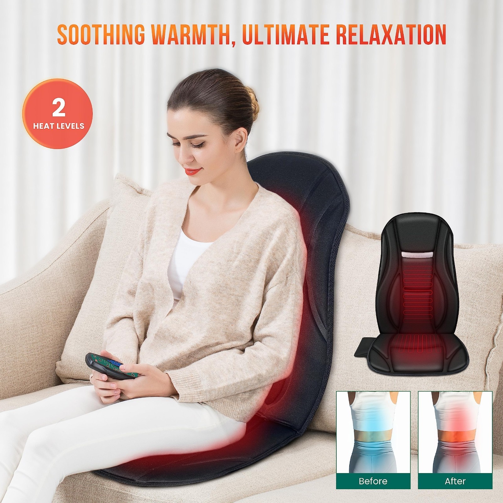 Vibration Back Massager with Heat, 8 Motors & 5 Modes, Chair Cushion for Office