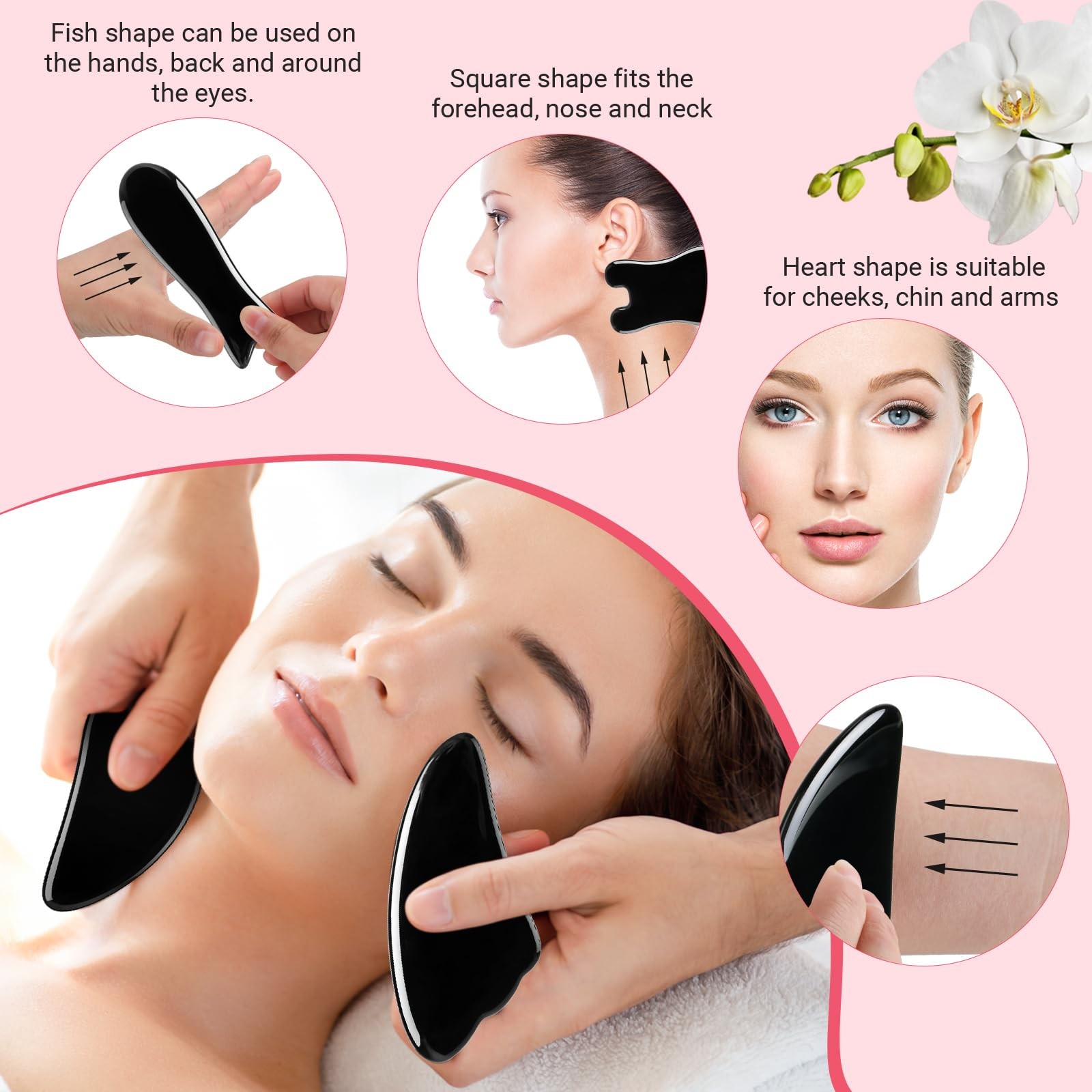 Treela 5 Pcs Gua Sha Facial Tools Set and 1 Body Resin, Black