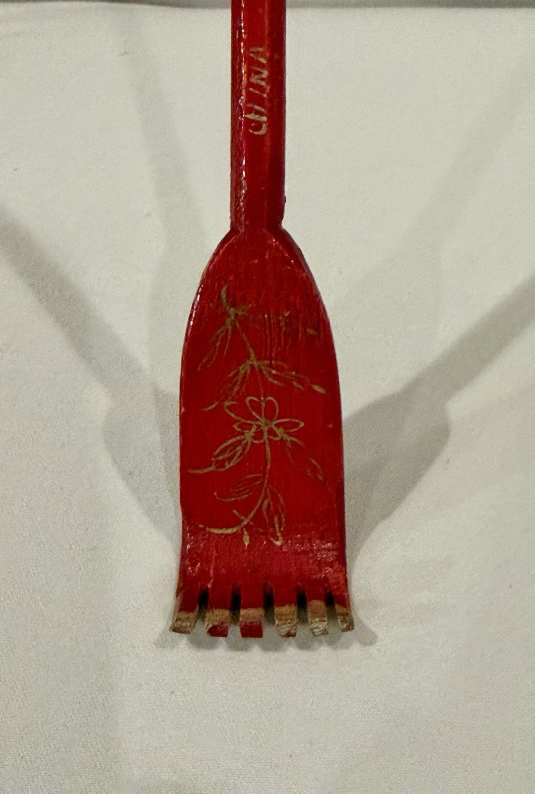 Vintage Wooden Back Scratcher Red With Green Flowers Gold Accents Made in China
