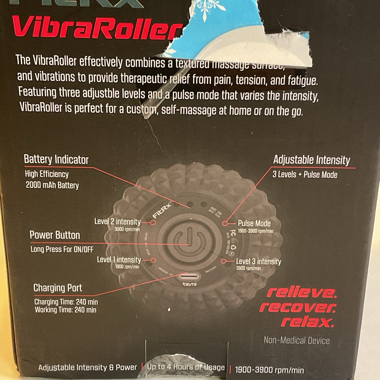 FitRx VibraRoller, Vibrating Massage Roller, Quiet & Powerful, 3 levels, NEW