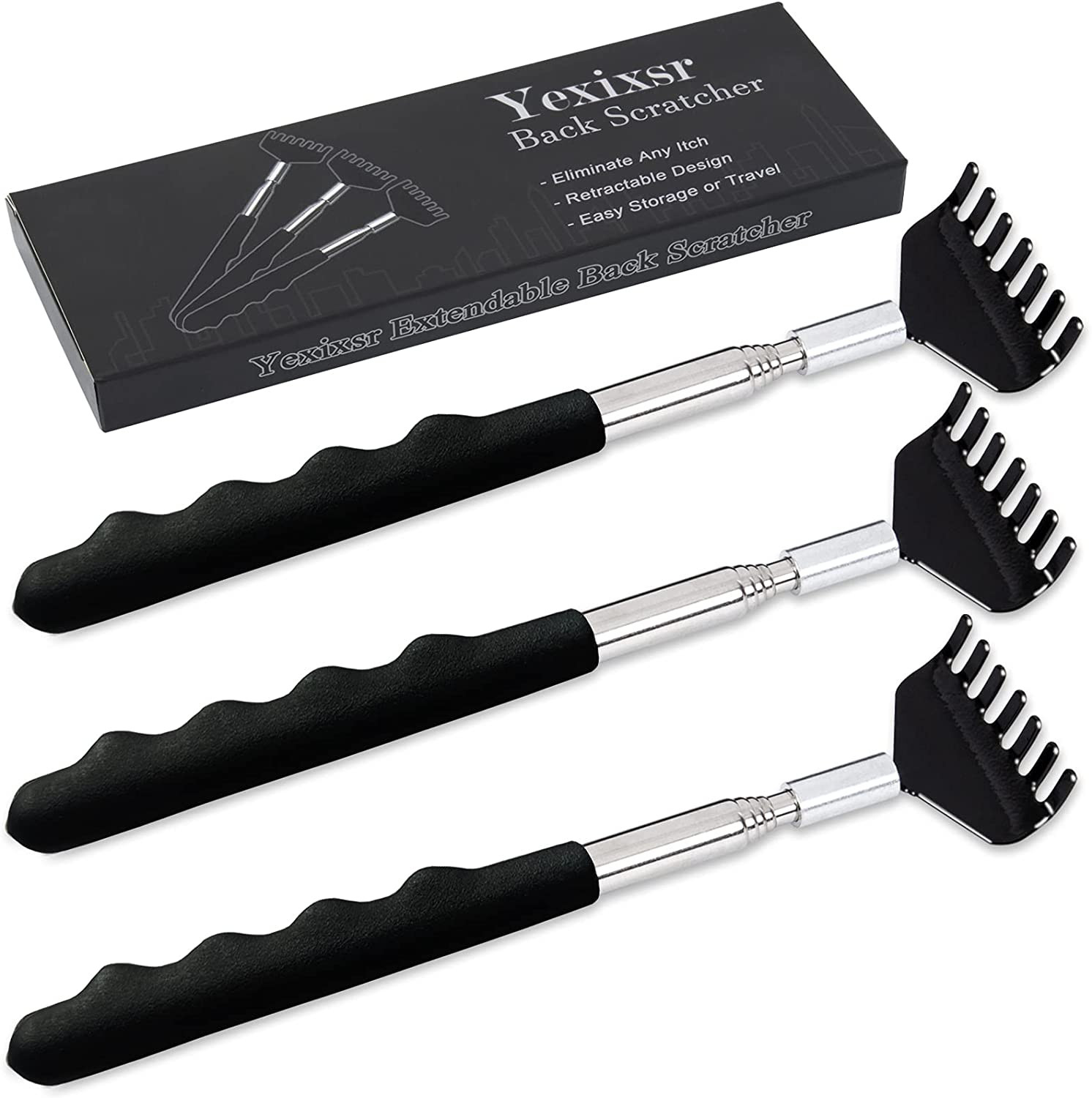 Yexixsr 3-Pack Extendable Metal Back Scratchers with Rubber Handles
