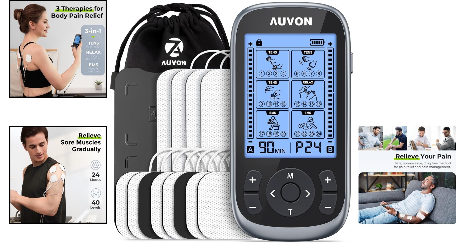 Portable 3-in-1 TENS Muscle Stimulator with 40 Intensity Levels – Rechargeable