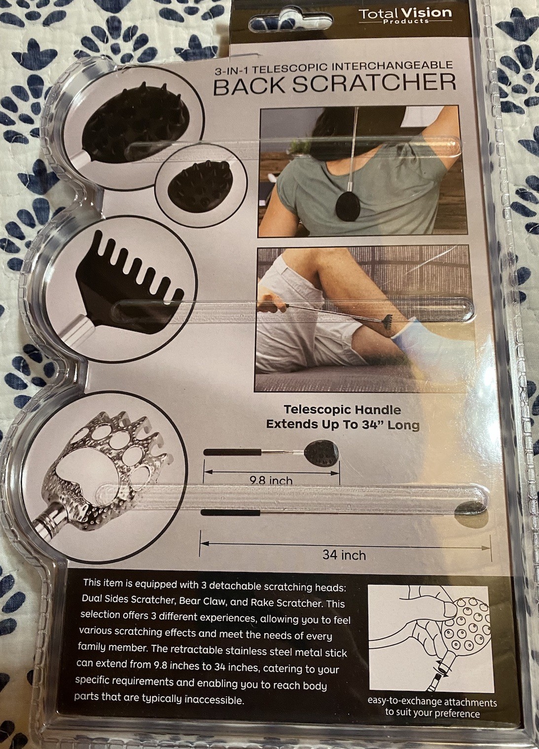 Total Vision Back Scratcher Set Three Attachments Back Face & Full Body New