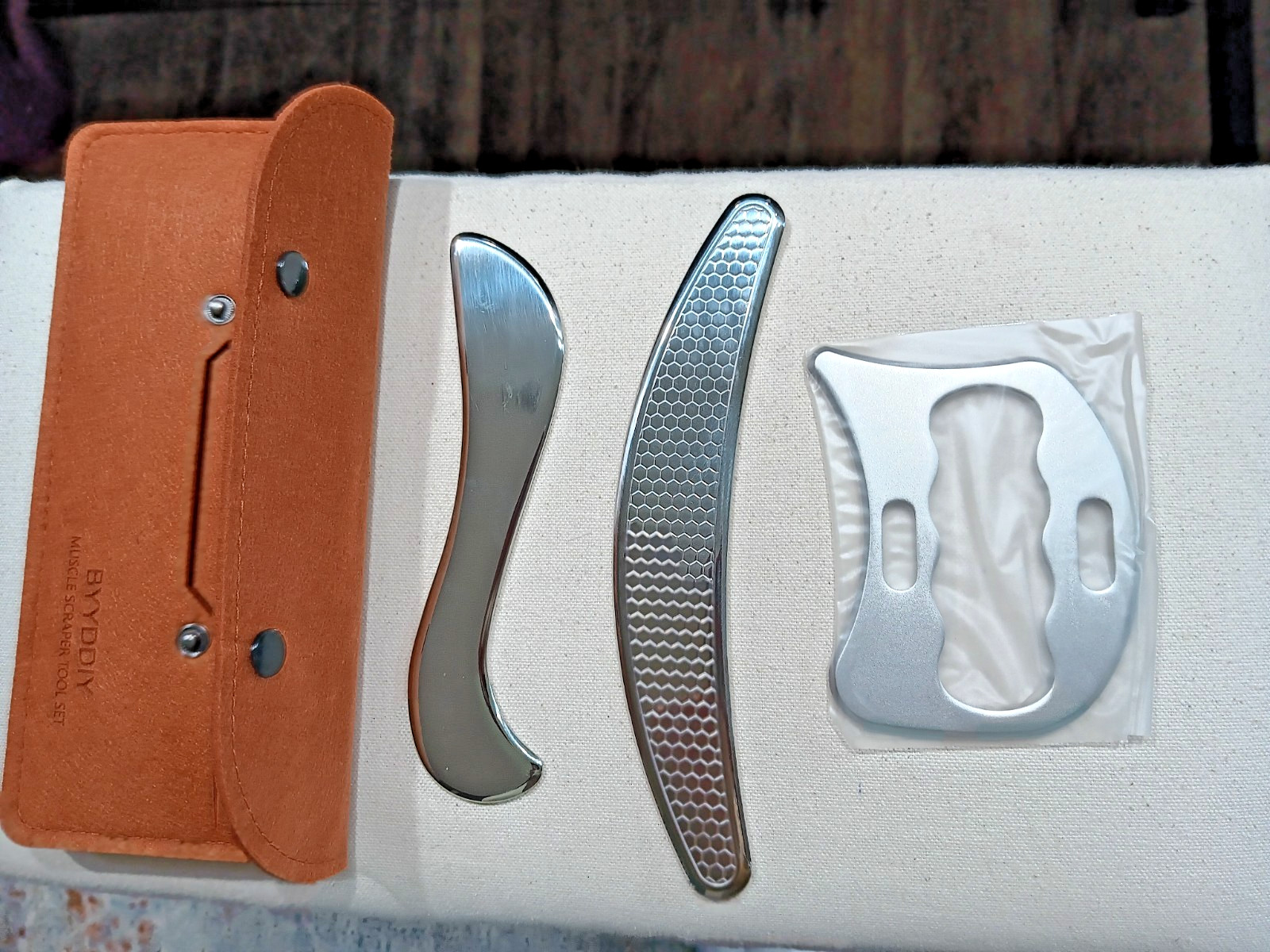 Metal Muscle Scraper Tool Set 3pc Gua Sha Handheld w/ Brown Case