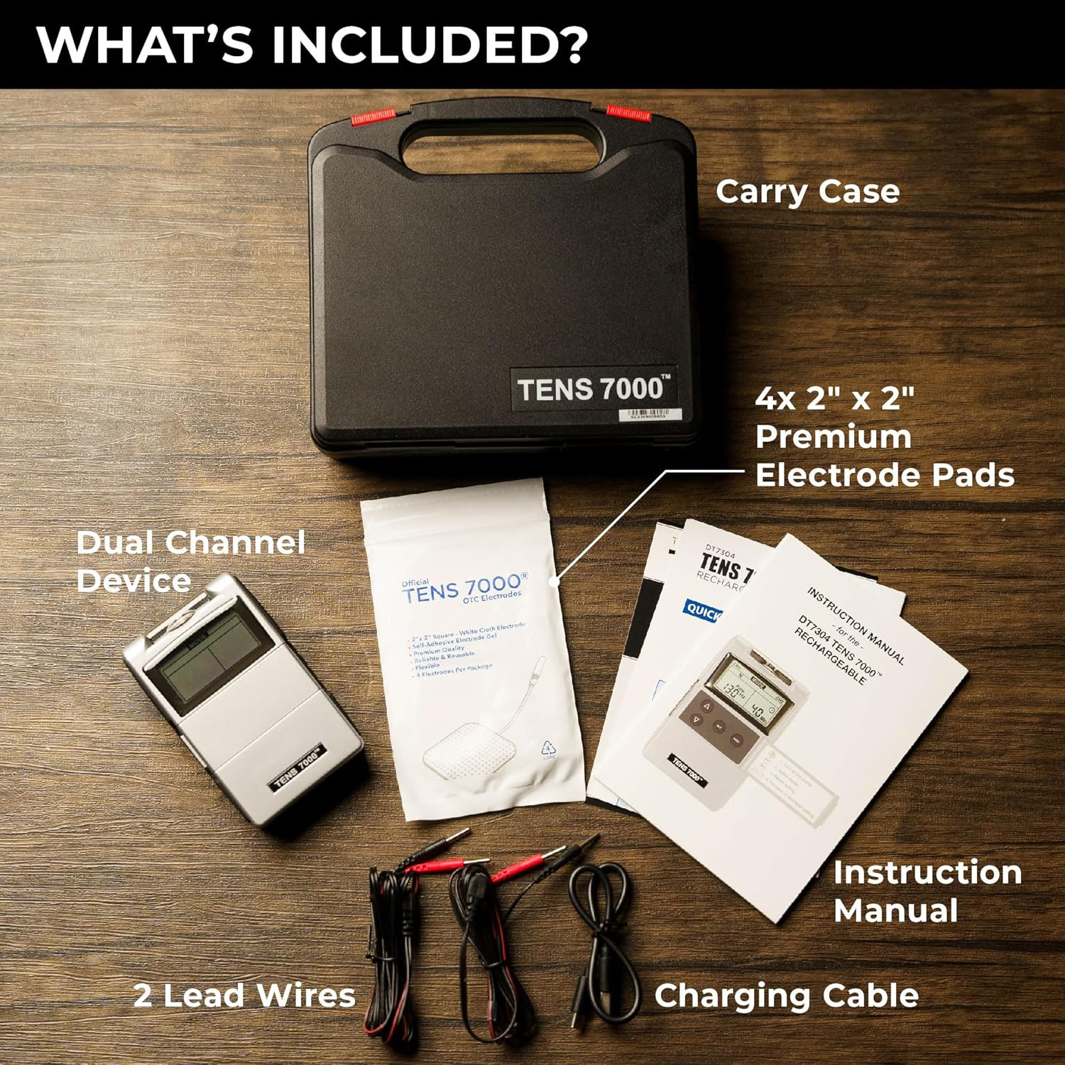 TENS 7000 Rechargeable Tens Unit Muscle Stimulator, Back Pain Relief, 4 Electrod