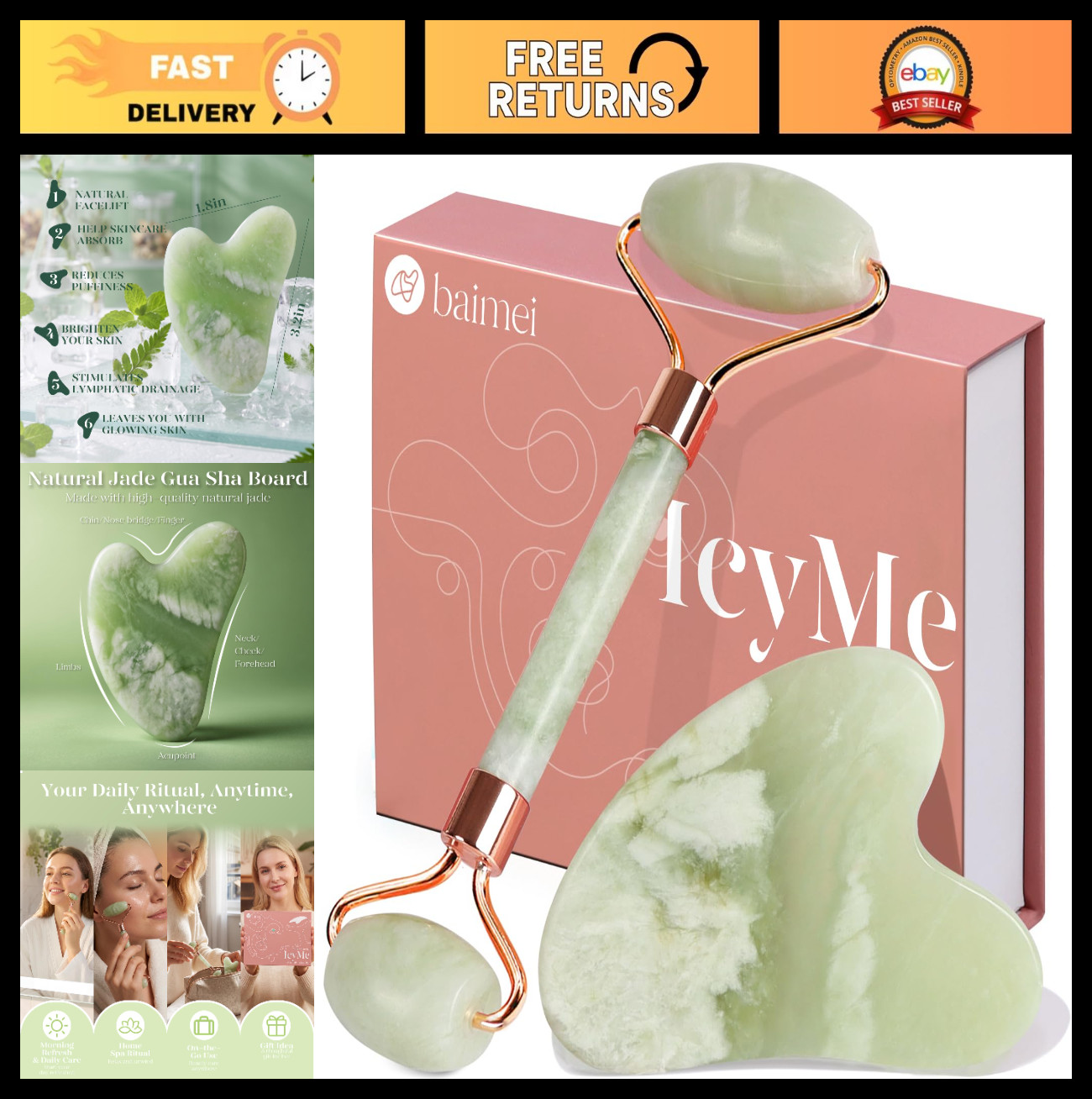 Jade Roller & Gua Sha Set for Facial Massage, Skin Care, Puffiness Relief – Ligh
