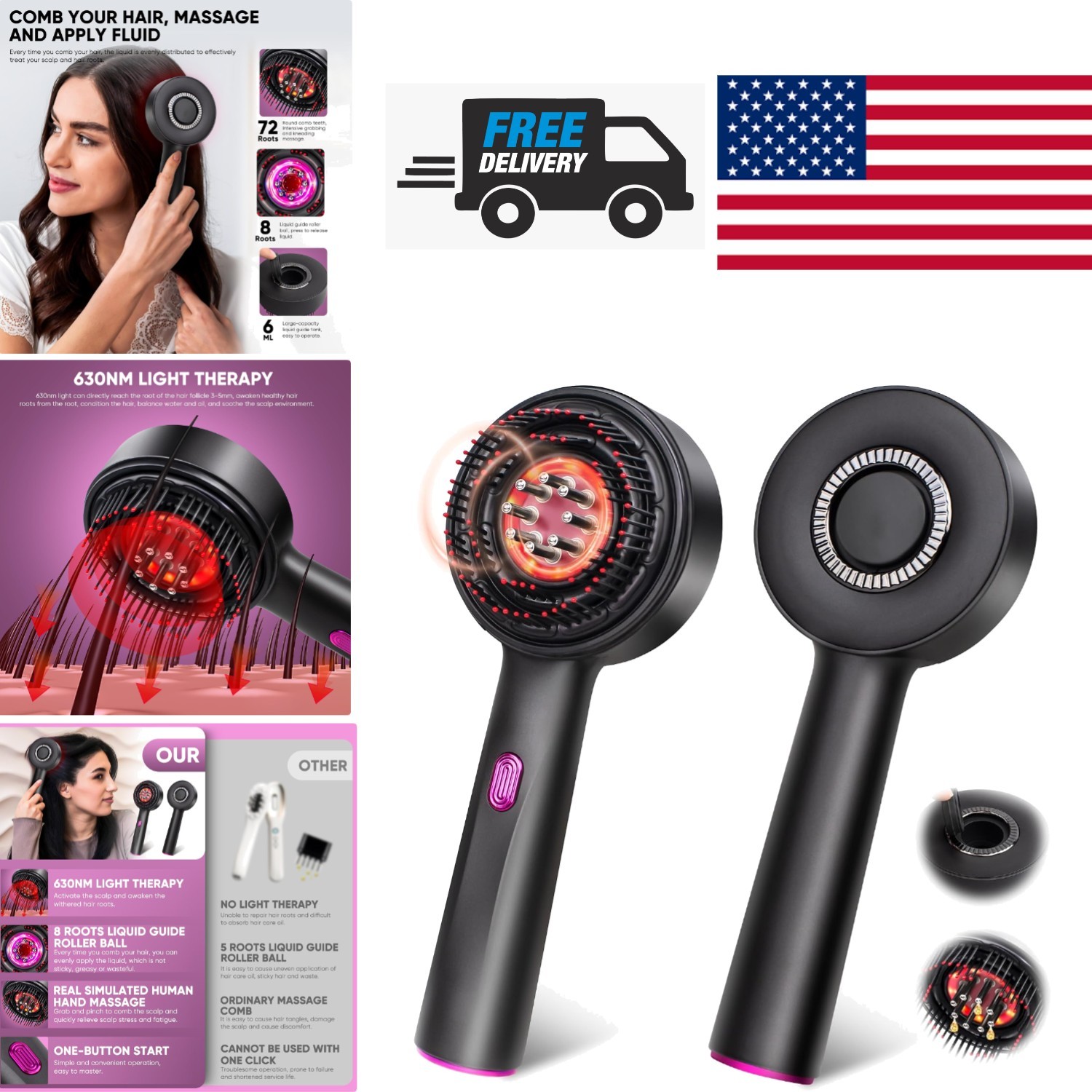 Electric Hair Growth Massager with Liquid Dispensing Tips and Comfortable Handle