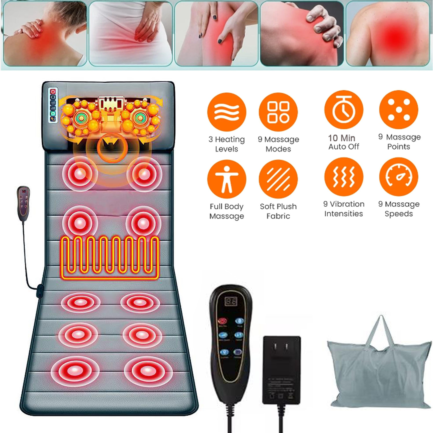 Electric Full Body Heated Massage Mat Neck Back Heating Pad Chair Pad Massage US