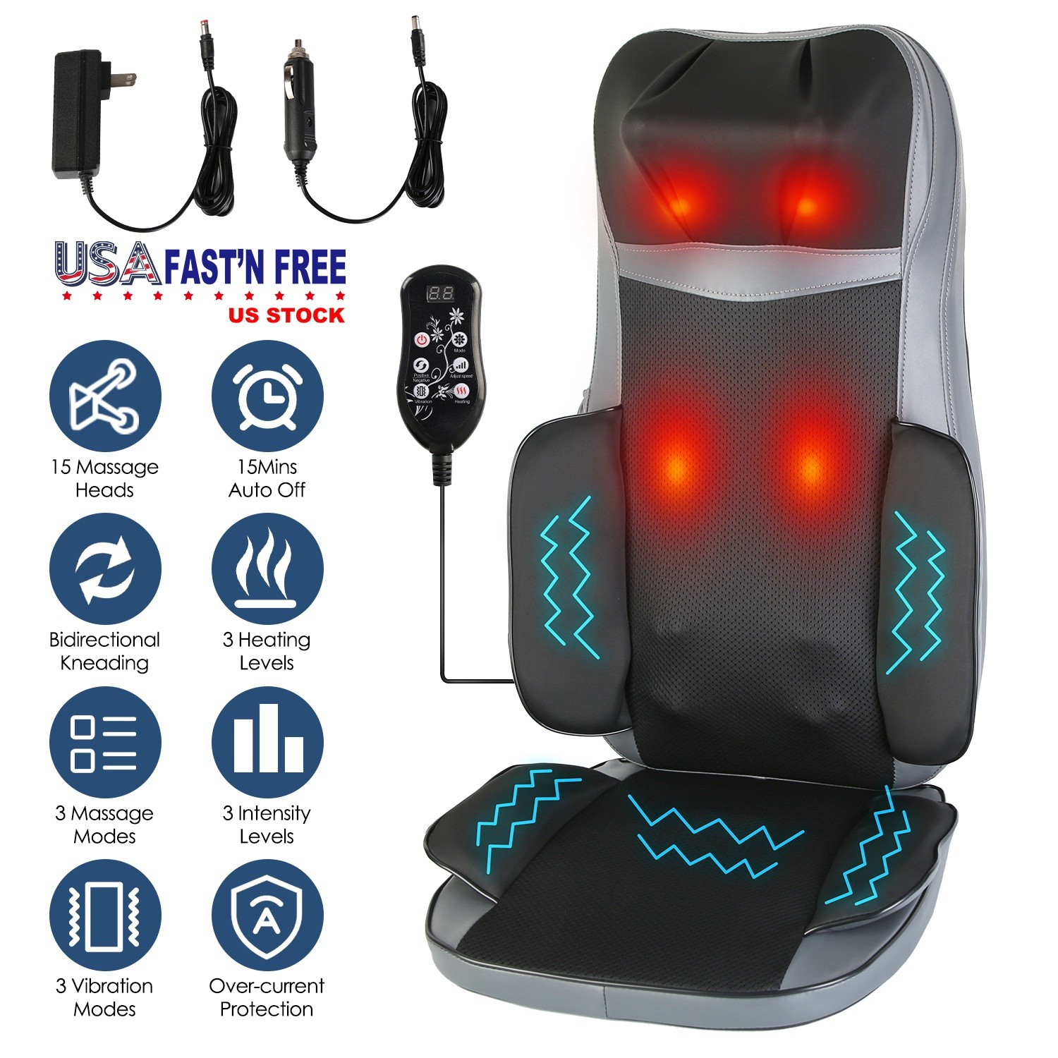 3D Shiatsu Massage Pad Neck-to-Lumbar Kneading + Heat 8 Nodes Full Body Relief
