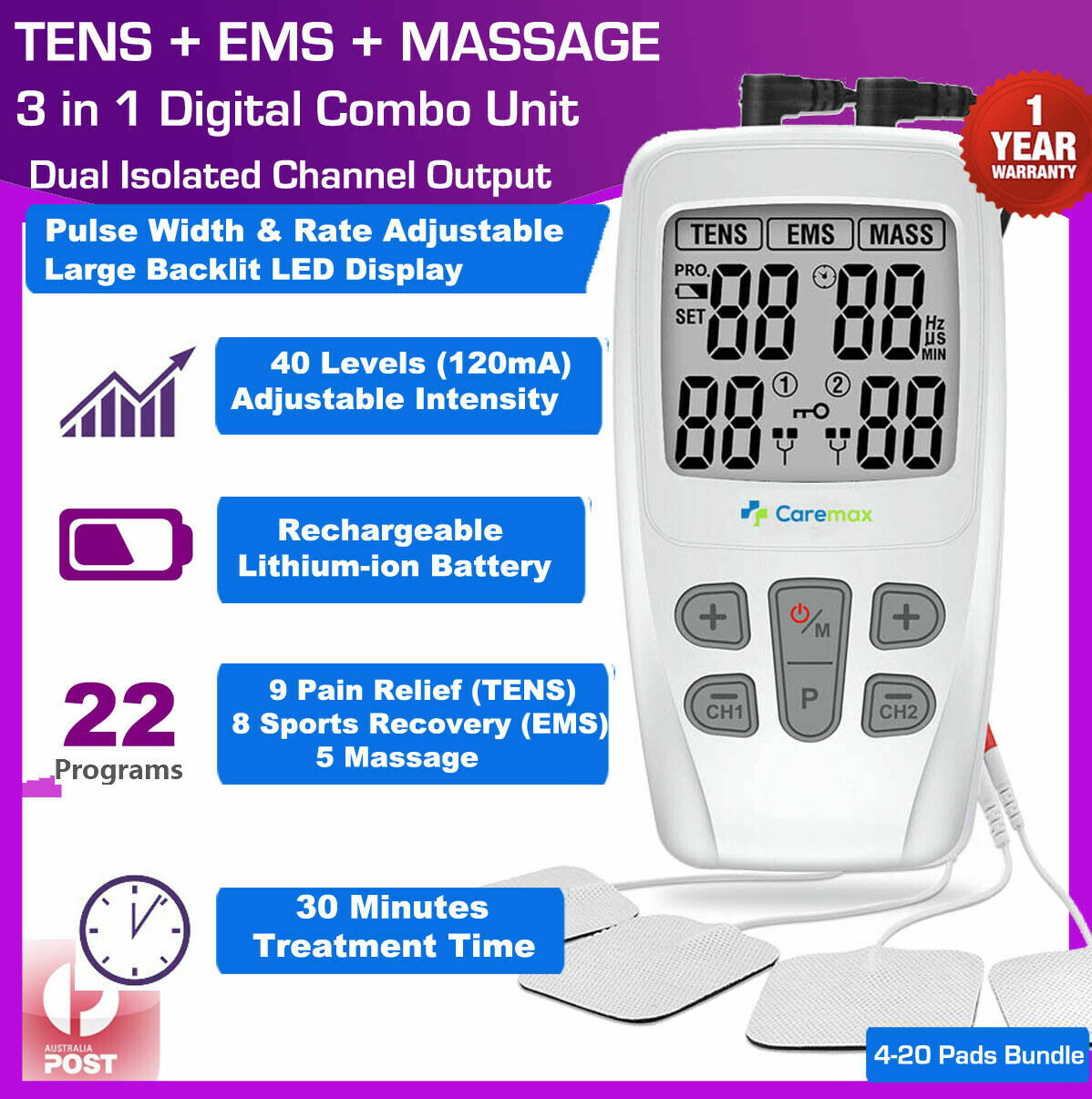 Dual Ch TENS Machine EMS Unit 3 in 1 Combo Pain Relief Massager w/ Extra Pads