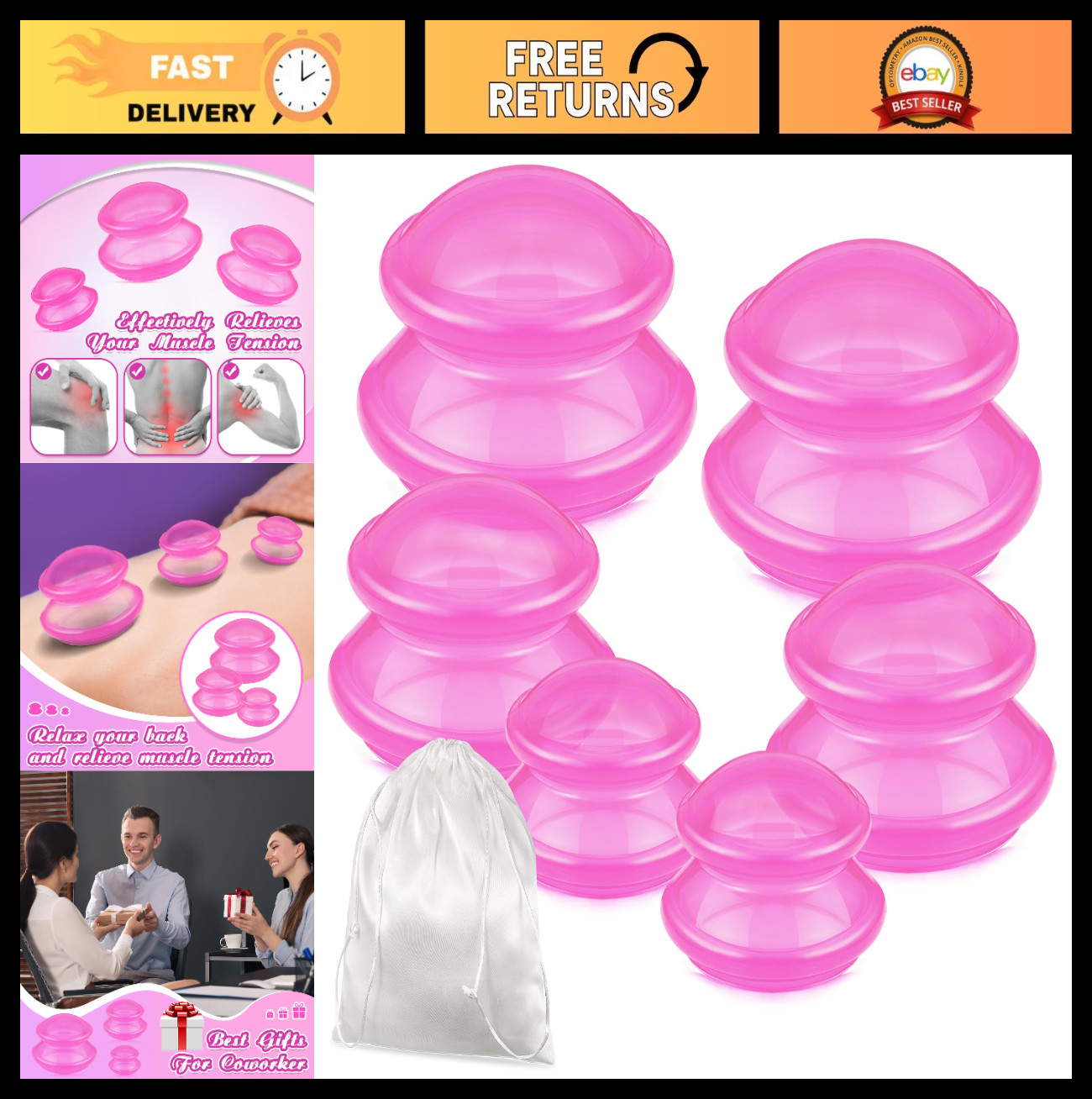 6 Pcs Silicone Cupping Therapy Set – 3 Sizes for Massage, Cellulite & Pain Relie