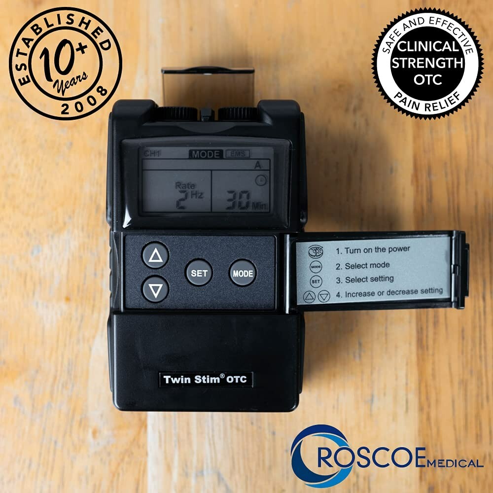 TENS/EMS Roscoe Twin Stim para aliviar dolor de espalda y estimulación clínica.