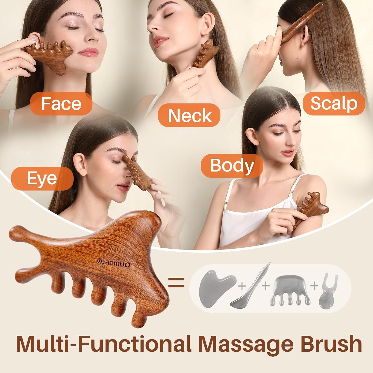 4-in-1 Natural Sandalwood Gua Sha Scalp Massager Face Eye Neck Body Comb Gift