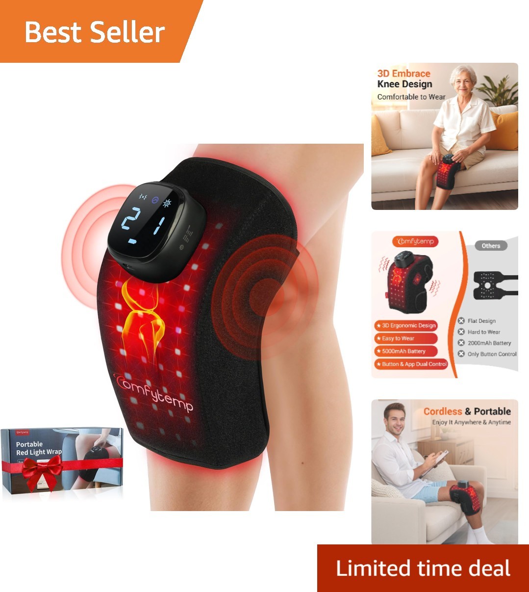 3D Ergonomic Cordless Red Light Therapy Knee Wrap with Vibration Massage