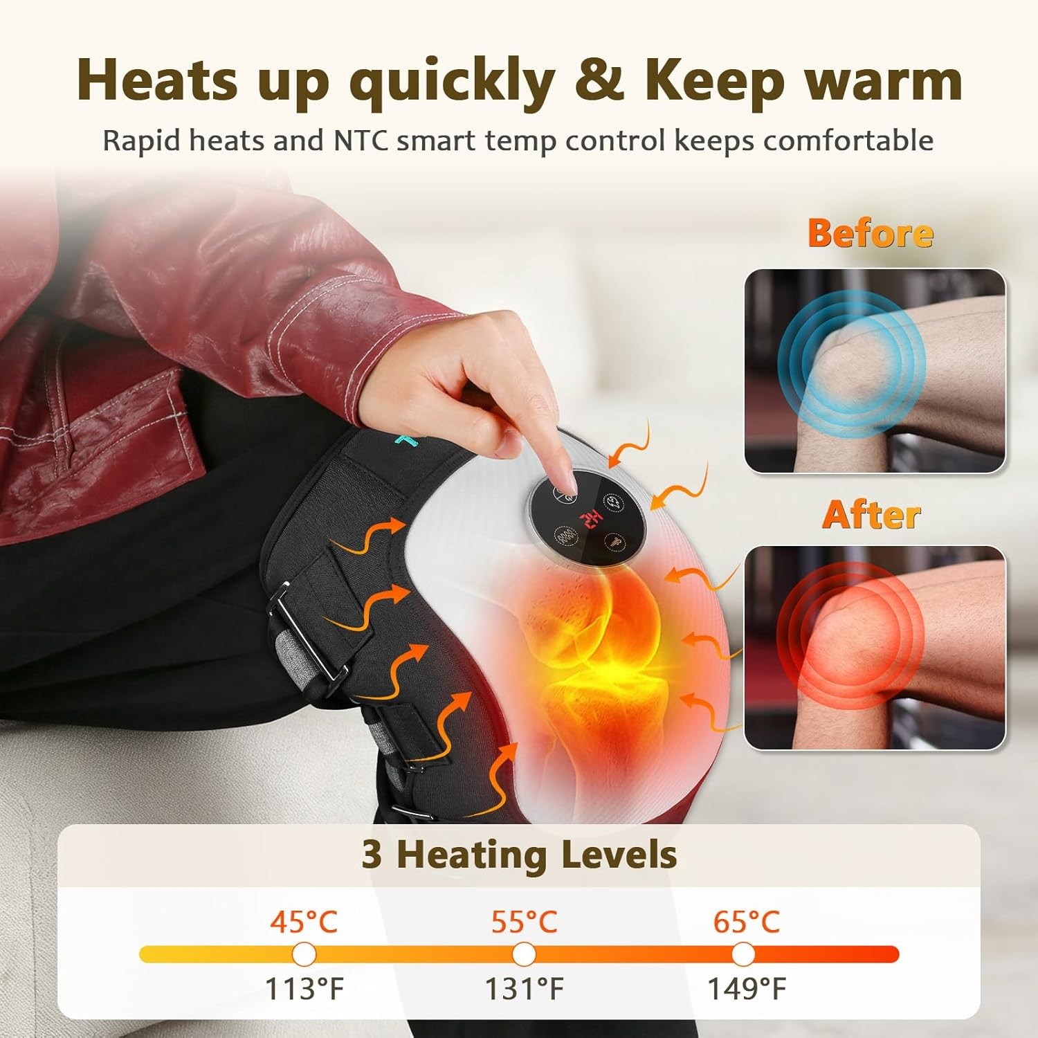 Electric Knee Massager with Heat,5000mAh Battery, Portable Cordless, Adjustable