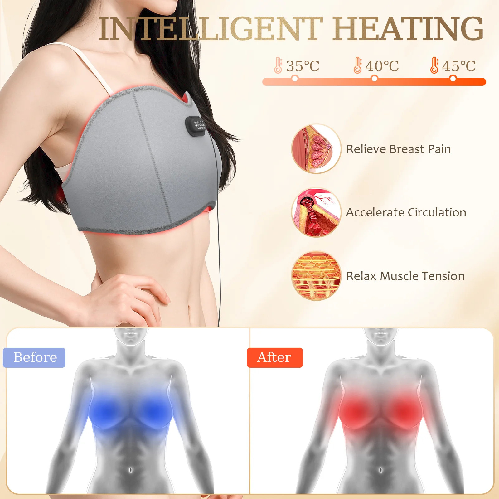 Red Light Therapy Breast Massager Bra with Heating, for Pain Relief & Comfort