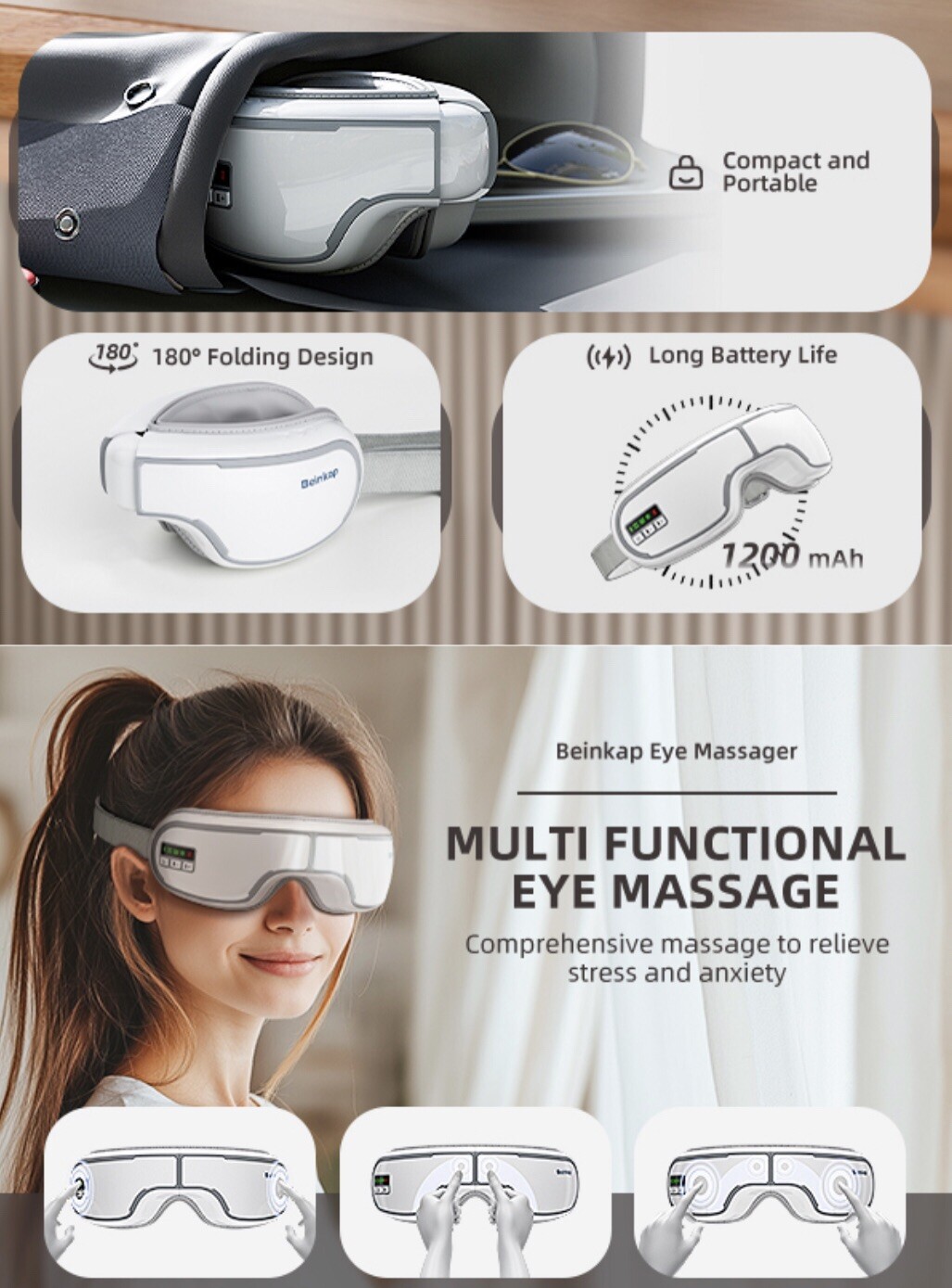 Eye Massager wHeat Vibration Compress Migraine White Improves Sleep Beinkap New