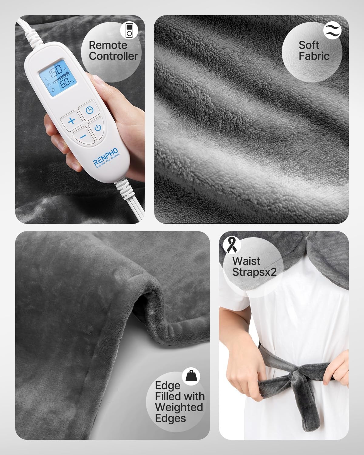 RENPHO Electric Heating Pad for Back Pain Relief, Birthday Christmas Gifts Gray