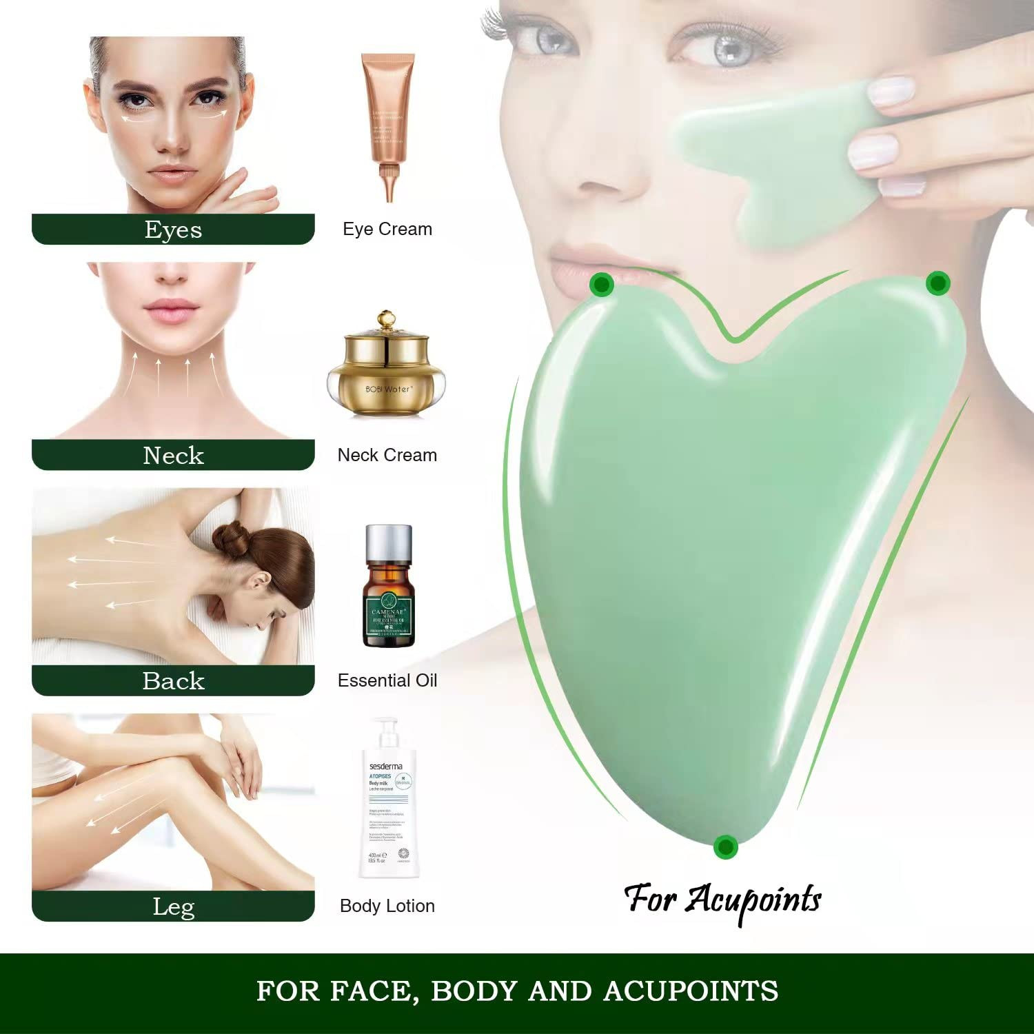 Gua Sha Facial Tool – Jade Stone Massager for Spa Acupuncture Therapy – Heart Sh