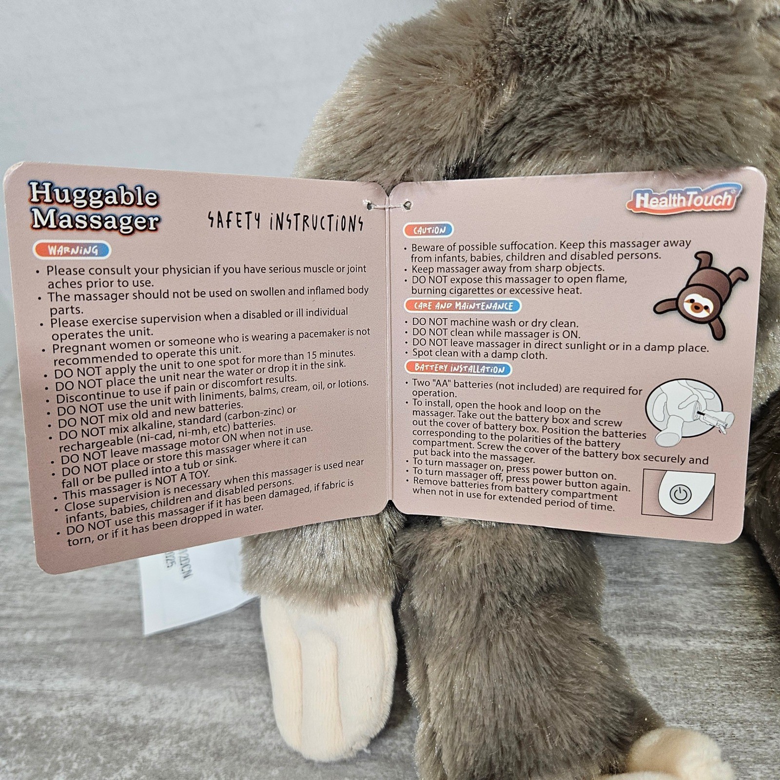 HealthTouch Huggable Massager Sloth Plush Toy Vibration Relaxation