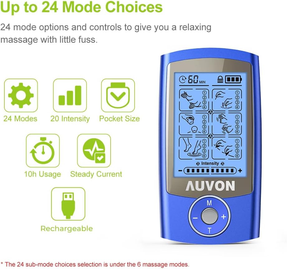 AUVON Rechargeable TENS Unit Muscle Stimulator, 24 Modes 4th Gen TENS Machine wi