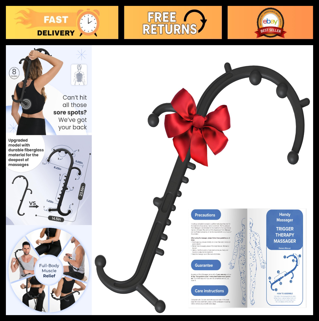 Deep Tissue Back & Neck Massager Stick – Pain Relief, Muscle Knot Remover Tool