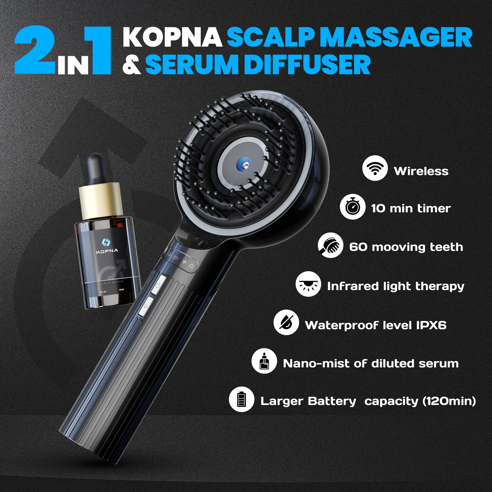 2-in-1 Electric Scalp Massager with Nano Mist Serum Applicator, Waterproof Re…