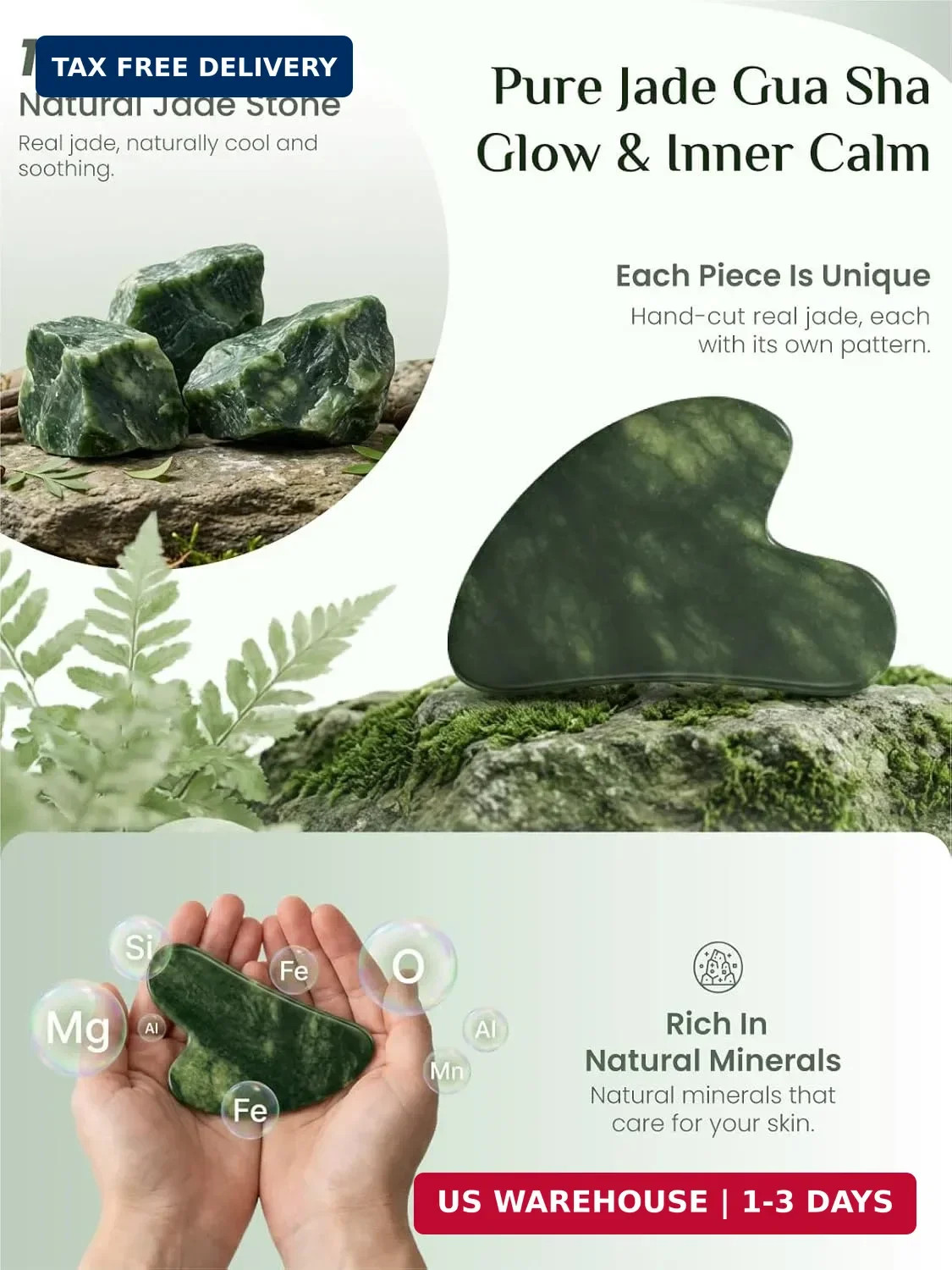 Rena Chris Gua Sha Facial Tools, Natural Jade Stone Guasha Tool for Face Massage
