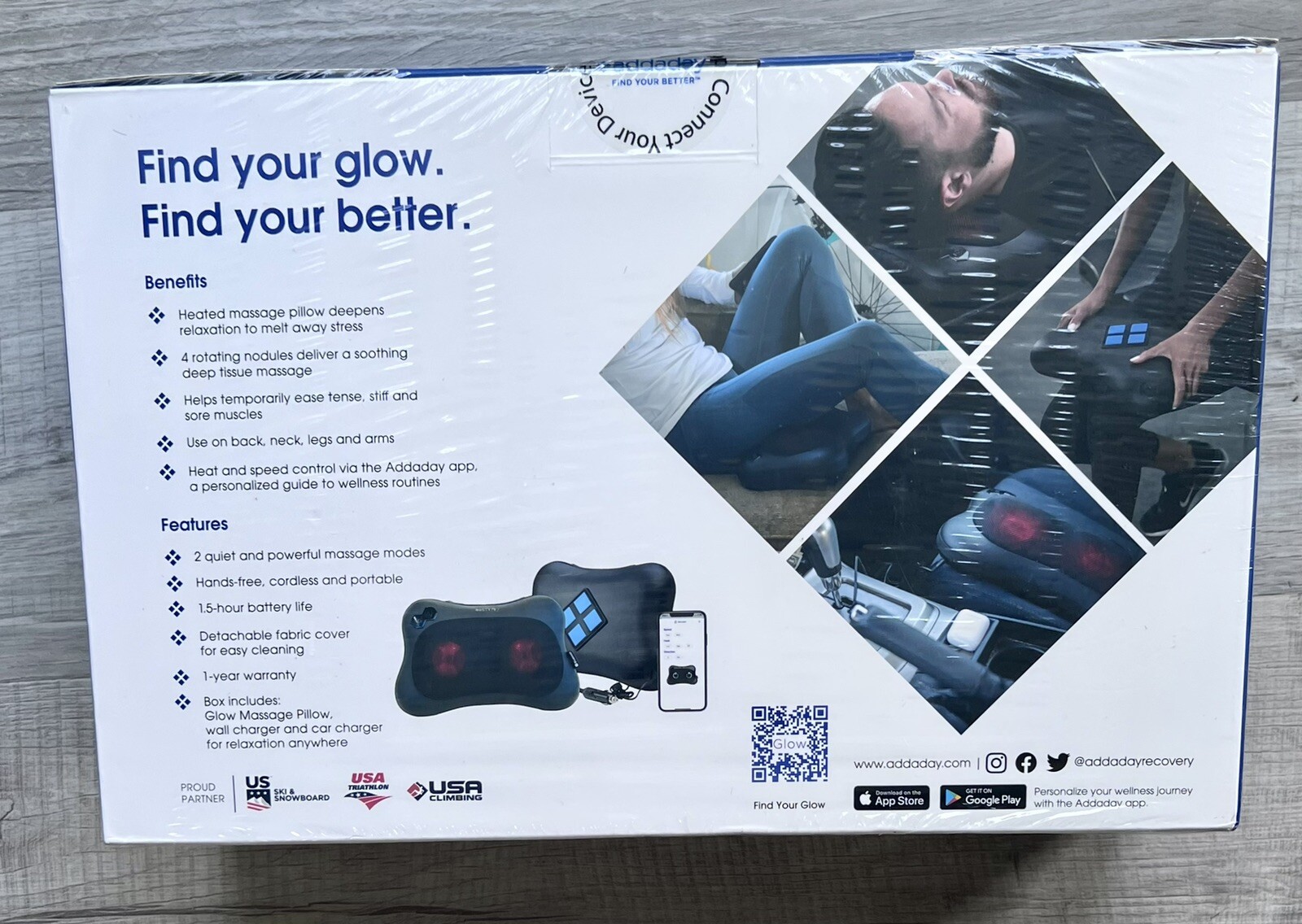 Addaday Glow Connected Massager Pillow w/Bluetooth Heat+Soothe+Relax