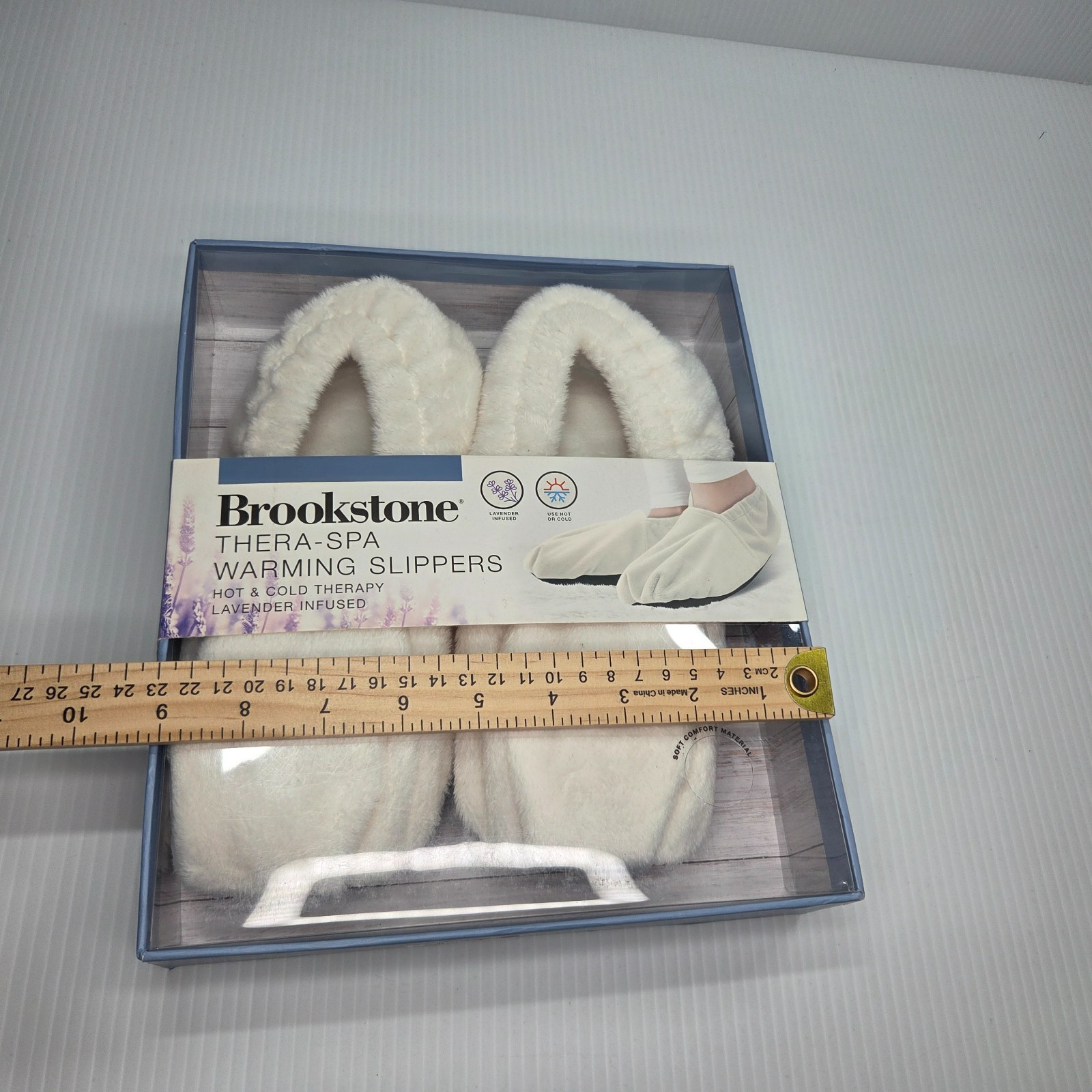NEW! Brookstone Thera-Spa Warming Slippers Beige, Lavender Infused Calm Relaxing