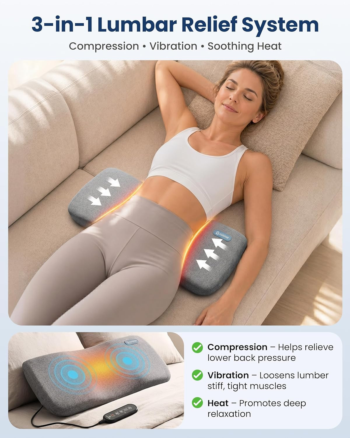 3-In-1 Cordless Lumbar Support Pillow with Remote Control, Smooth Spine Triple F