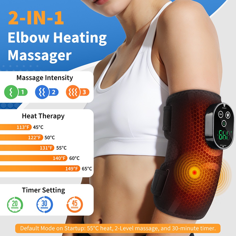 Cordless Elbow Massager Brace Pain Relief with 5 Heat Levels, 3 Vibration Modes