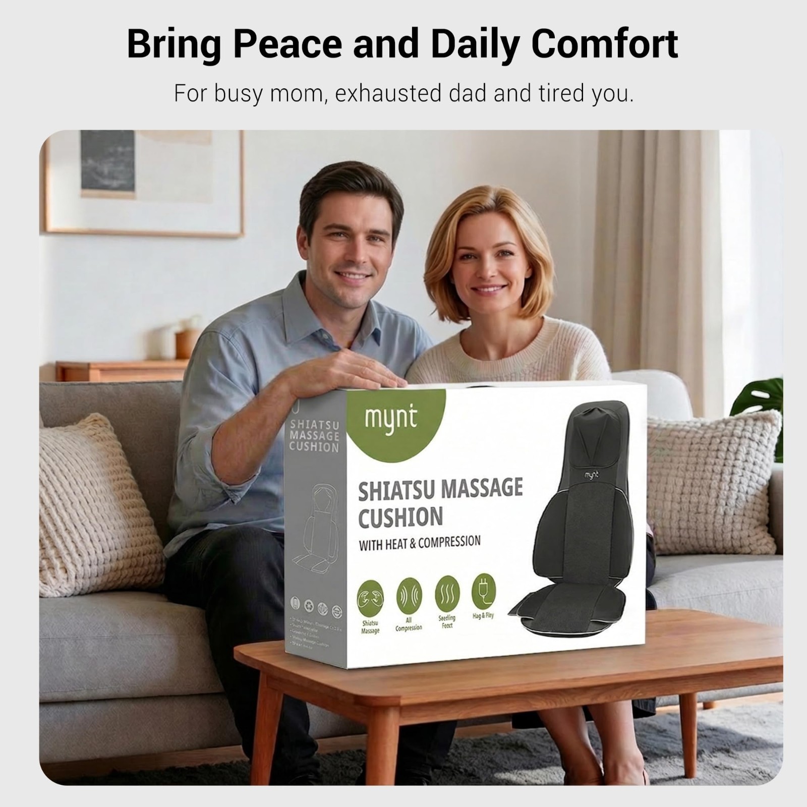 Shiatsu Neck & Back Massager for Chair, 10 Kneading Nodes, Heat, Portable Pad