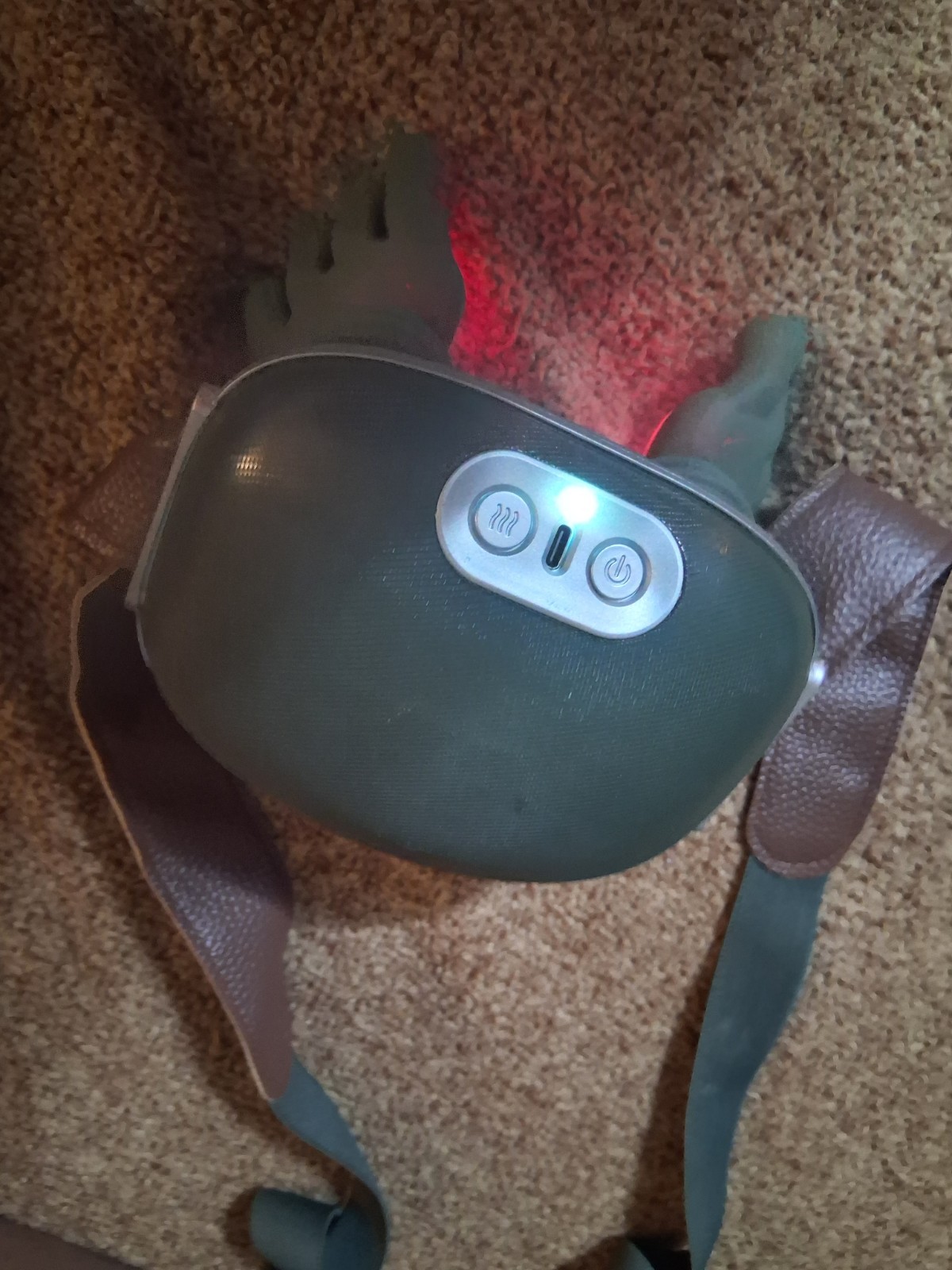 Green Heated Vibrating Back Massage Belt, 2 Heads, Adjustable Strap, Plastic