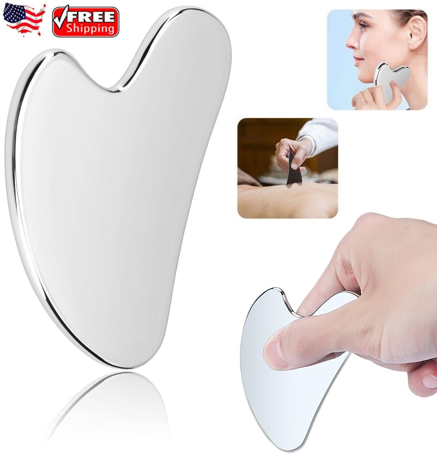 2Pcs Stainless Steel Gua Sha Facial Tools Face Roller & Massager Metal Guasha US