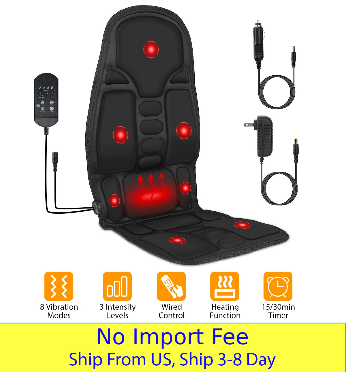 Heated Back Massager Cushion 8 Modes Vibration Car Seat Massage Pad