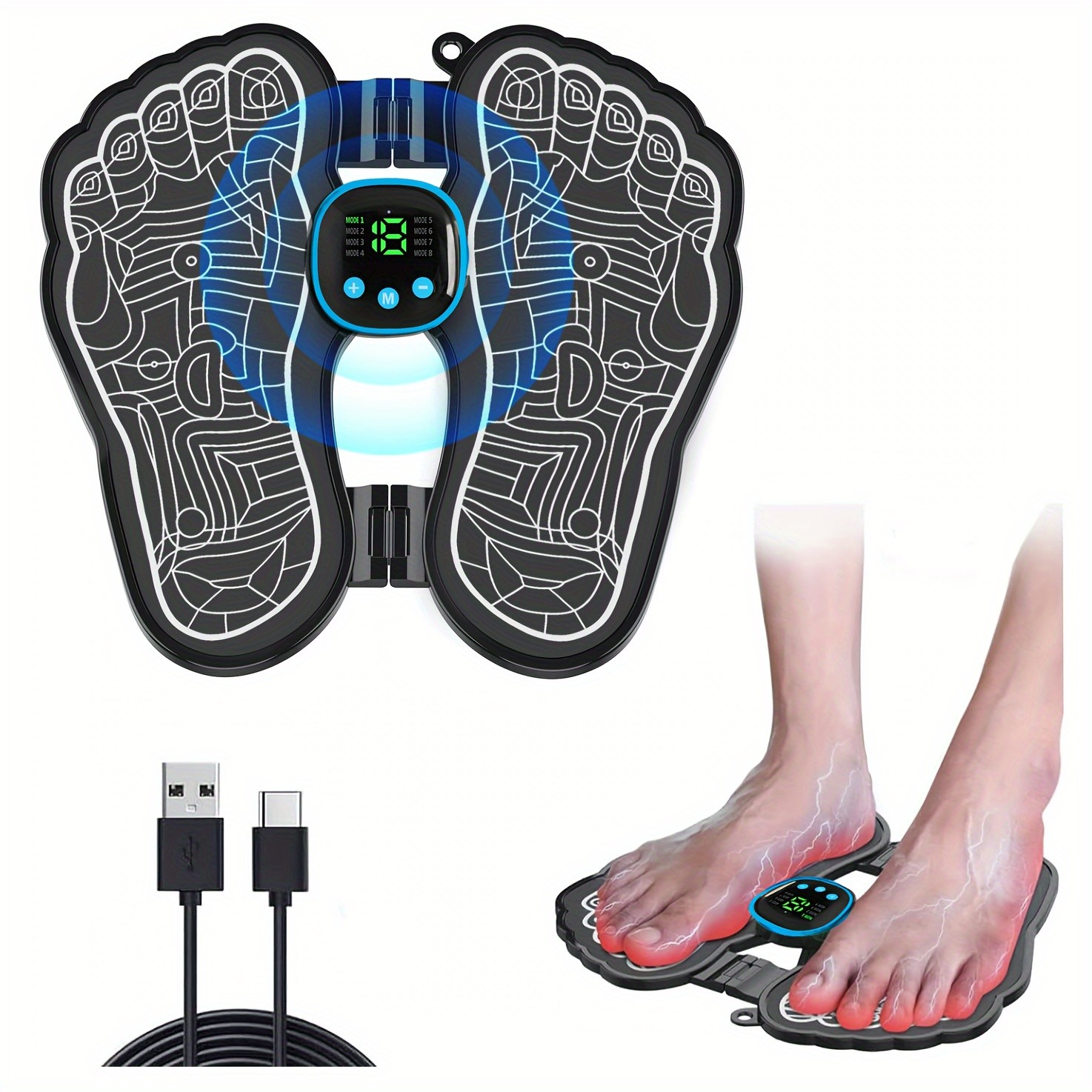 EMS Foot Massager Foldable, 8 Modes 19 Intensities, Portable TENS Massage Device