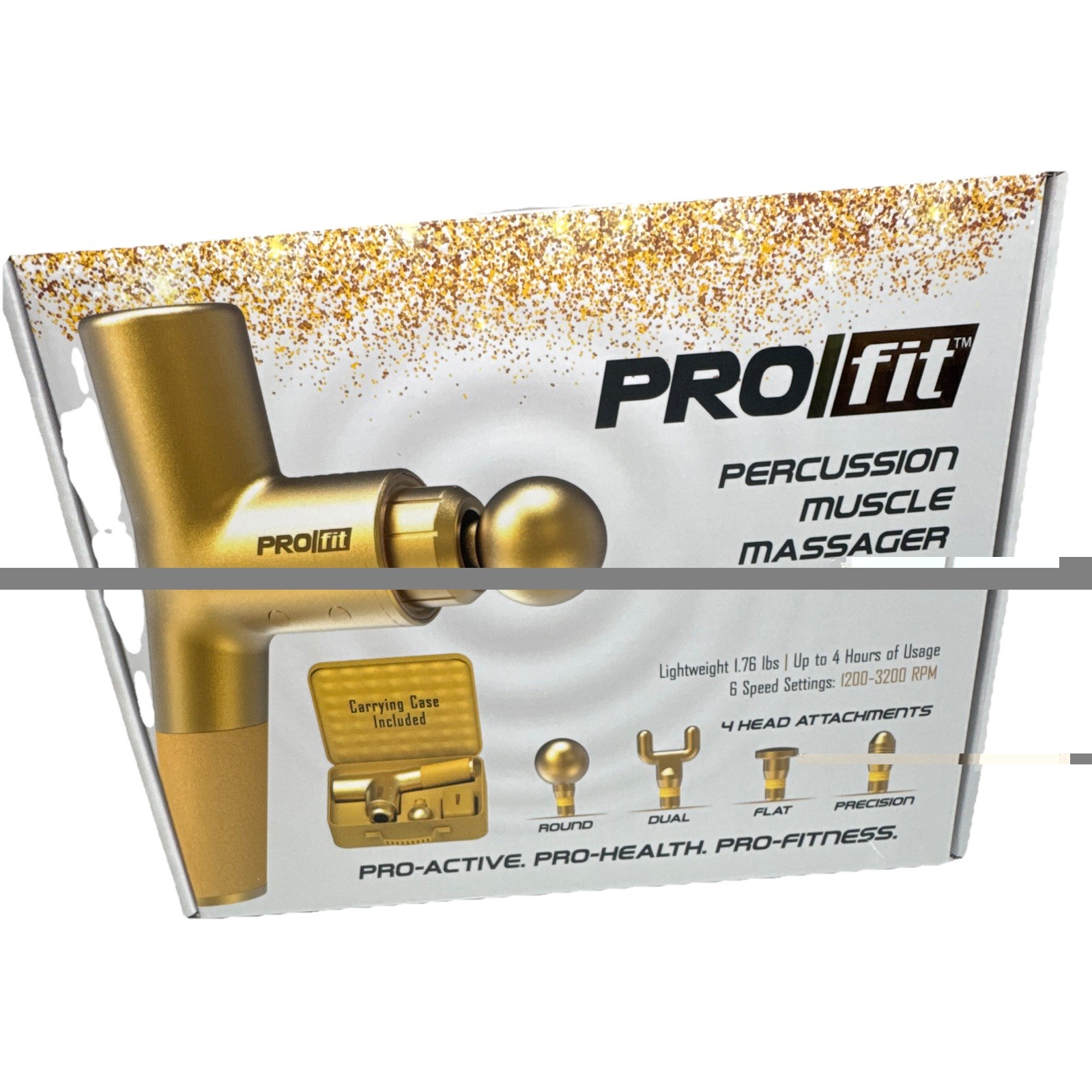 PROfit Percussion Muscle Massager Gold, 4 Heads, Lightweight, Up to 4 Hours