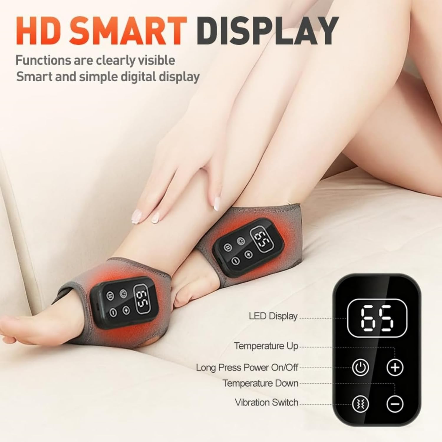 3-in-1 USB Rechargeable Foot Massager – Wireless Ankle Heat Wrap, Grey, 2-Pack