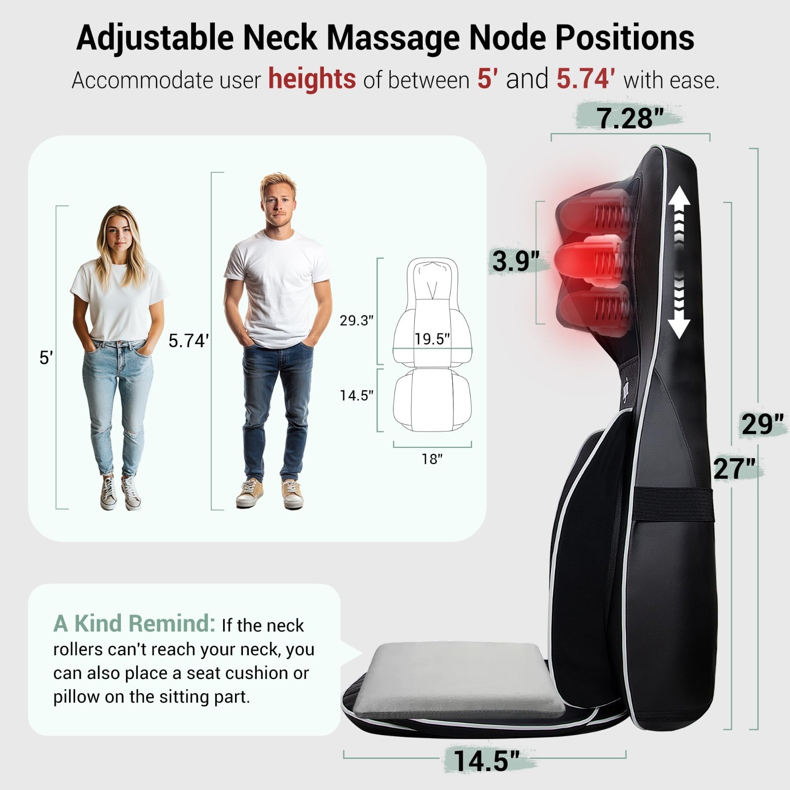 HSA Approved Shiatsu Neck & Back Massager Pad with Heat, 10 Kneading Nodes, Port