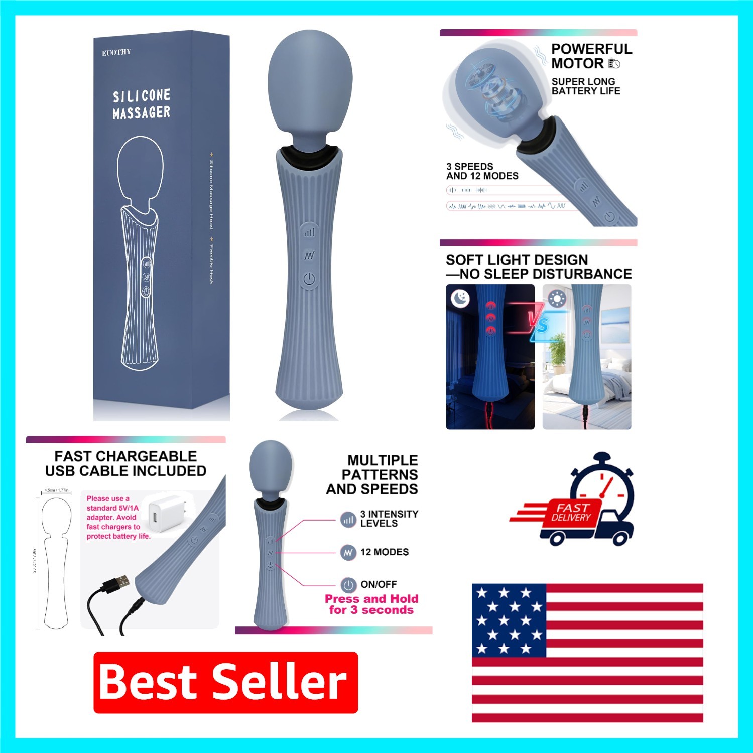 Ergonomic 360° Flexible Neck Massager – USB Rechargeable with 12 Vibration Modes