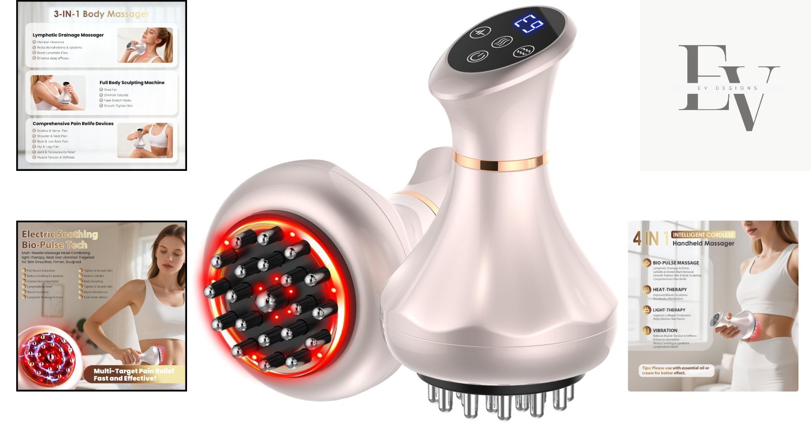 Rechargeable Handheld Massager for Pain Relief and Cellulite Reduction – 4-in-1