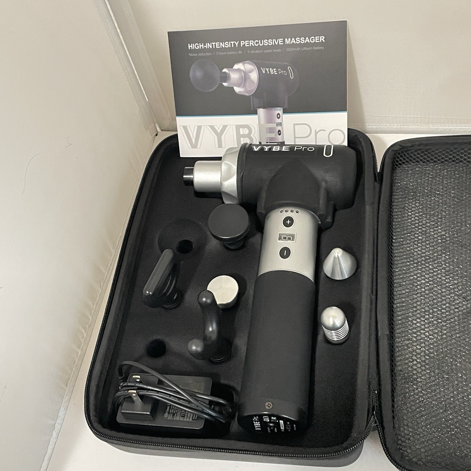 VYBE Pro Percussive Massage Gun w/ 9 Levels of Intensity 6 Heads 2 Missing