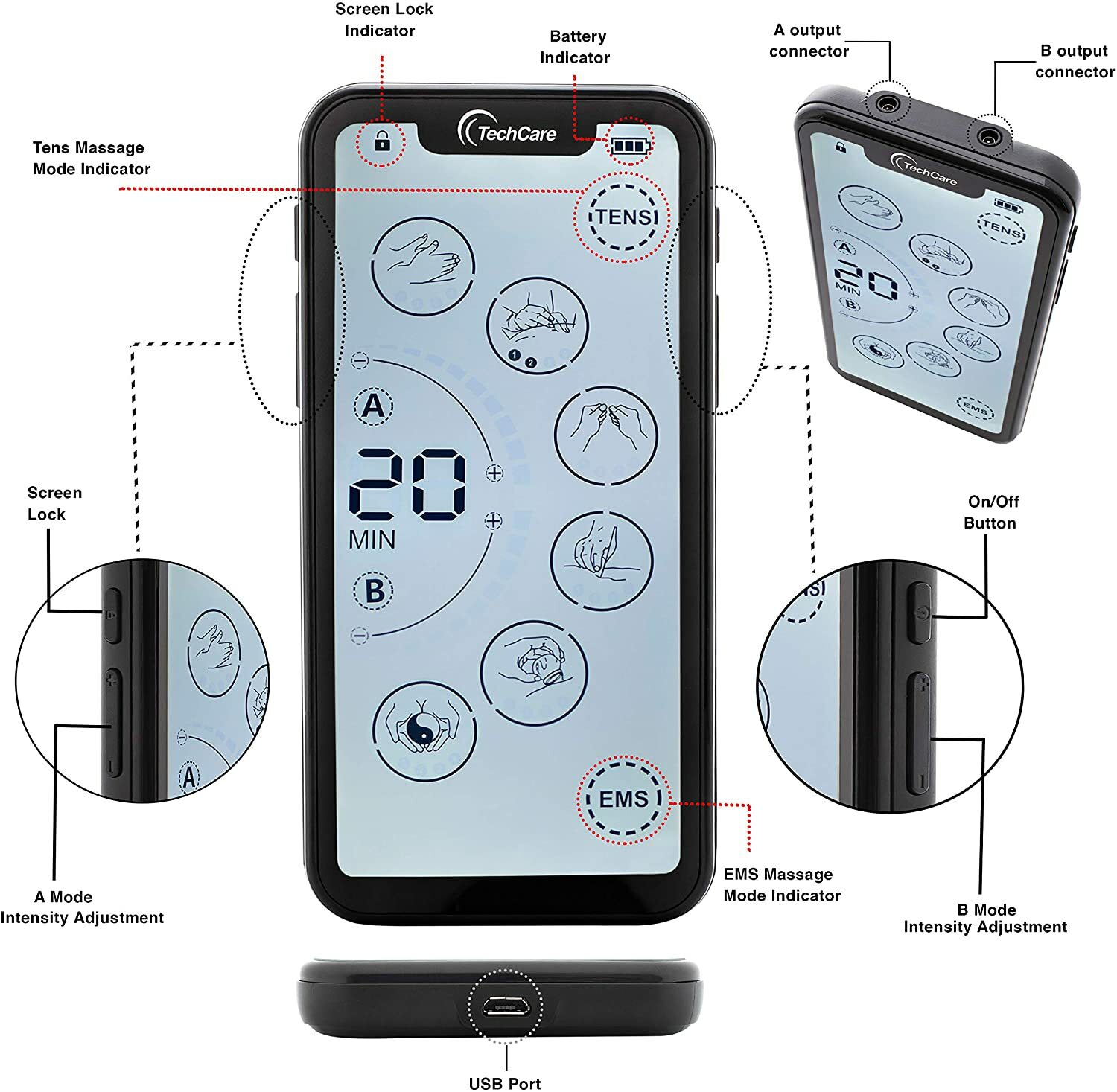 Touch Screen Tens Ems Portable Rechargeable Electrotherapy Machine With Slippers
