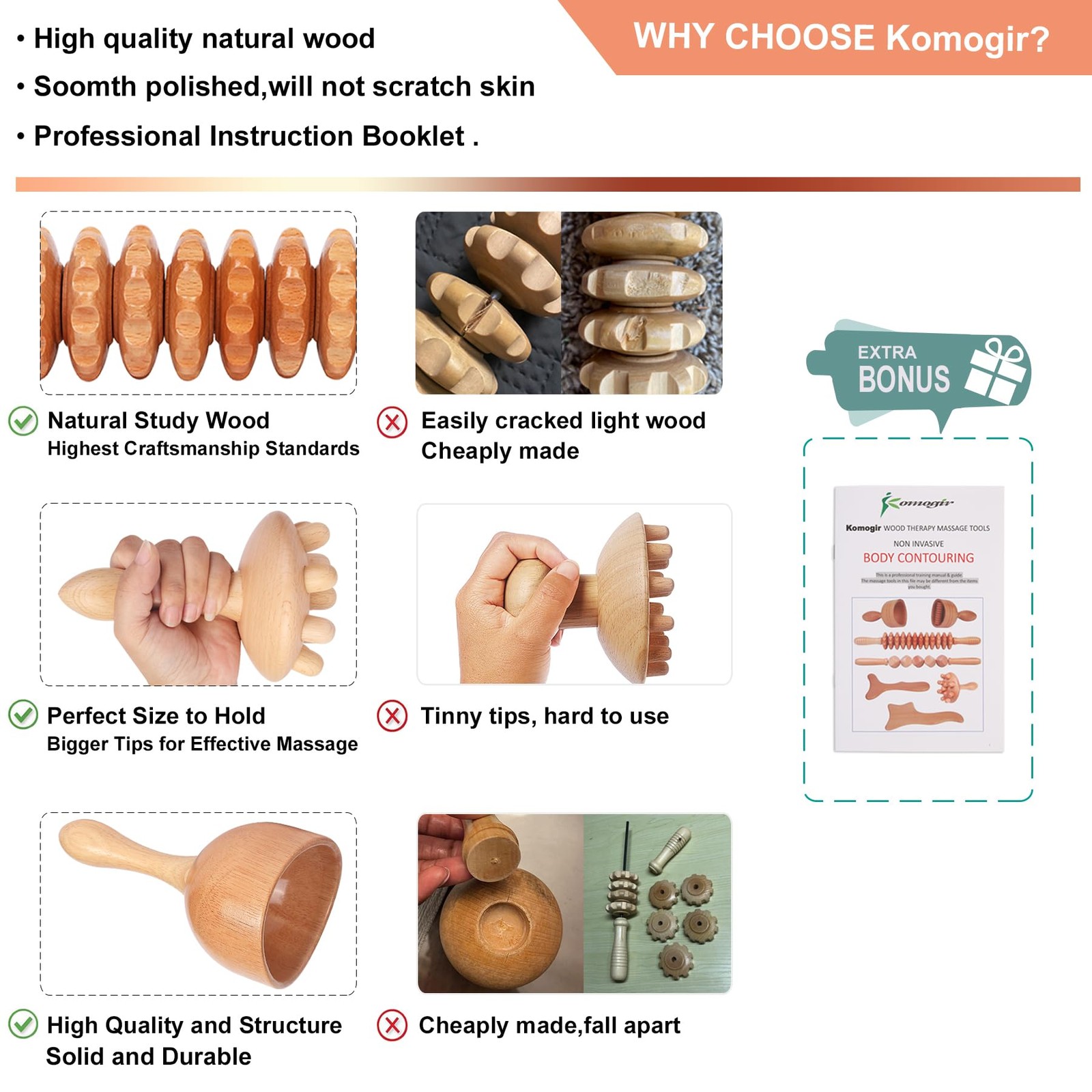 Komogir Wood Therapy Massage Tools 5-in-1 17.3 x 6.3 x 4 Inch, Kit03-5 in 1