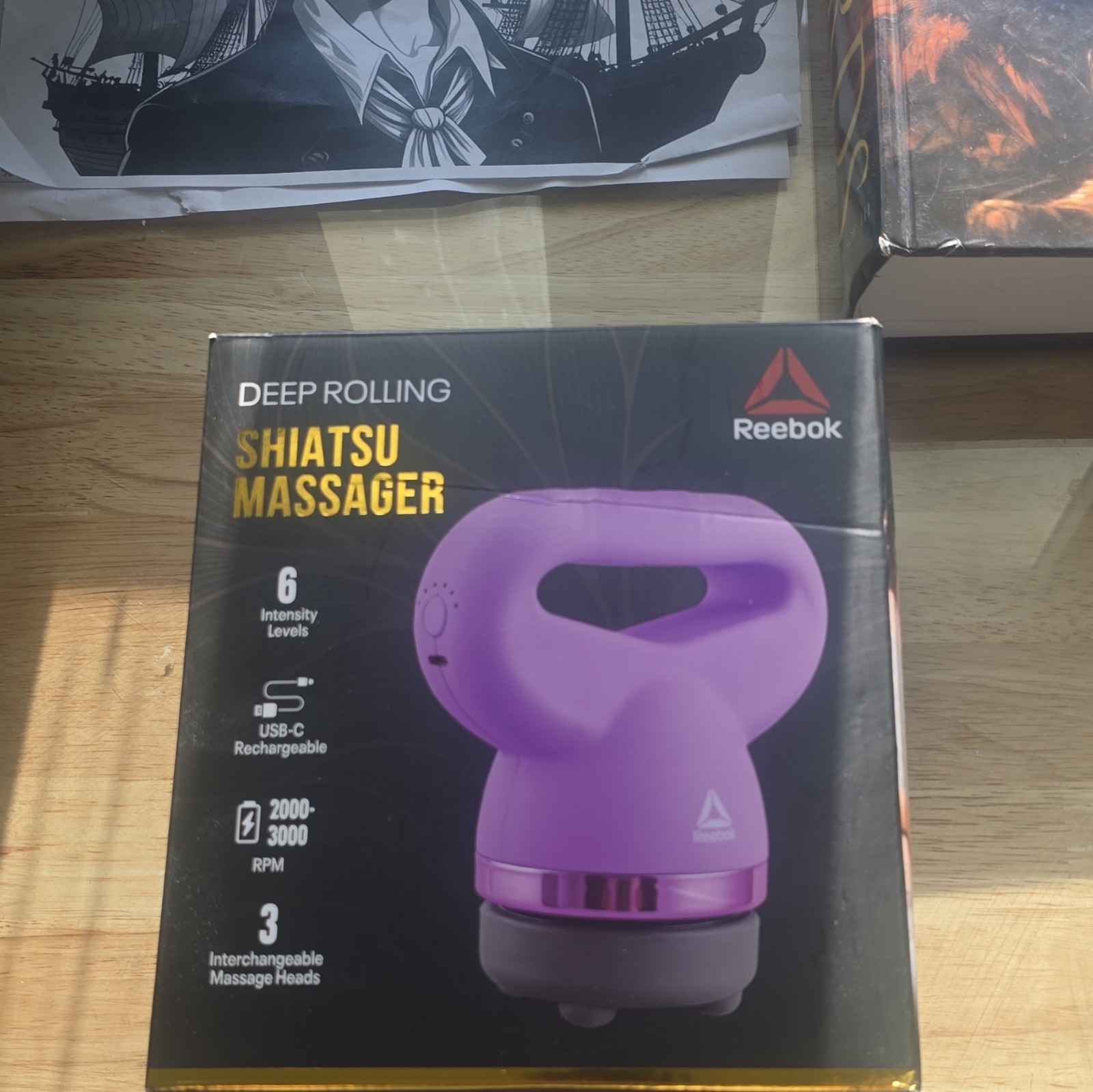 Reebok Deep Rolling Shiatsu Massager Cordless Handheld USB-C Purple 3 Heads