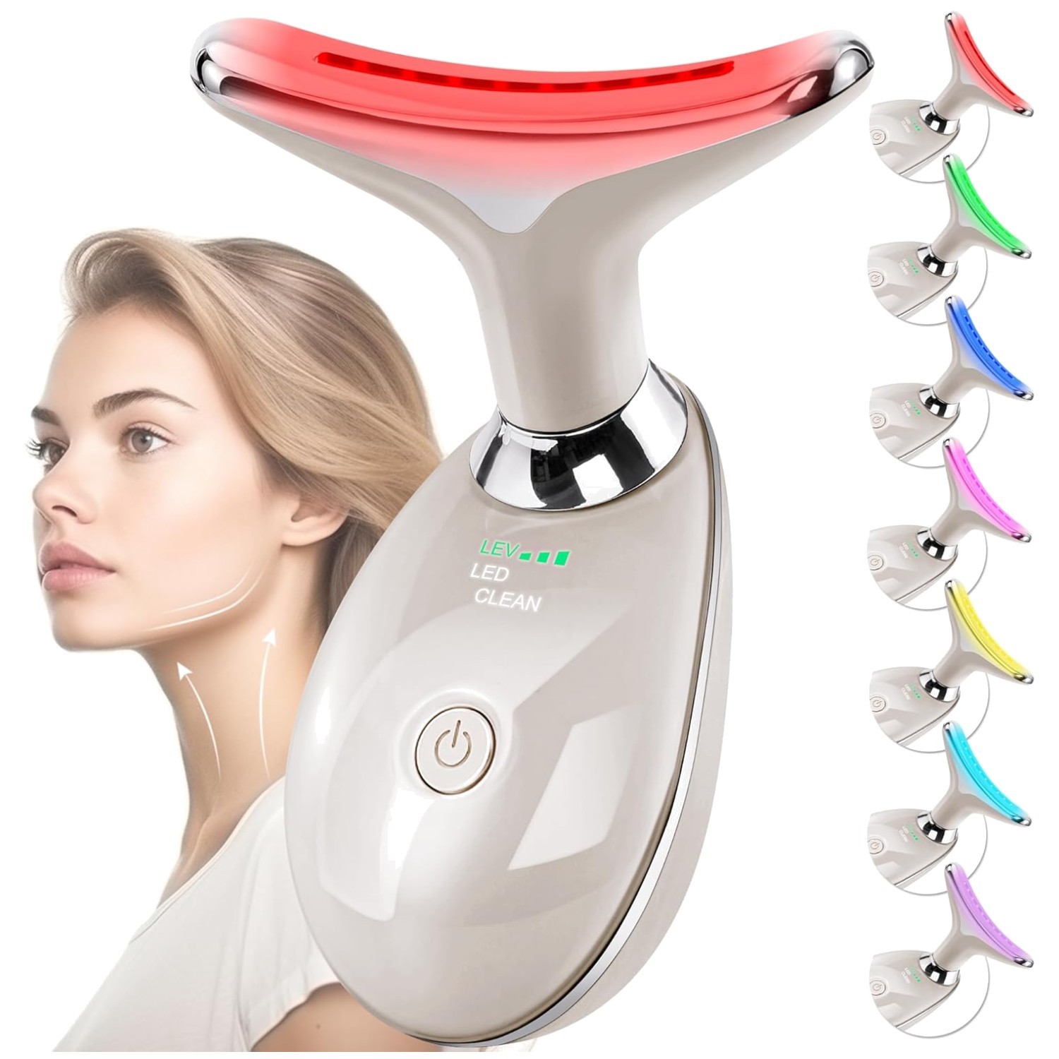 Modern Face & Neck Massager with 7 Color Modes and Red-Light Therapy – Champagne