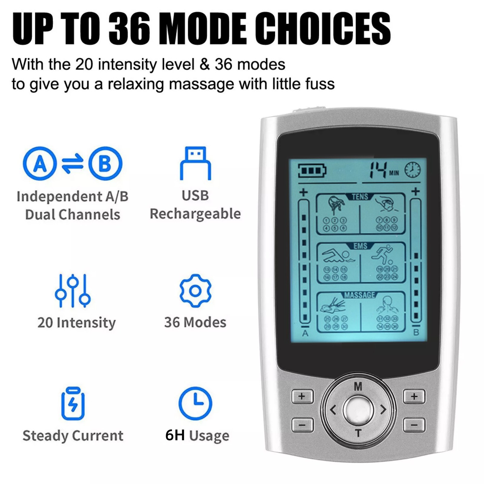 36 Modes Portable Tens Unit Muscle Stimulator Machine Pulse Massager Device