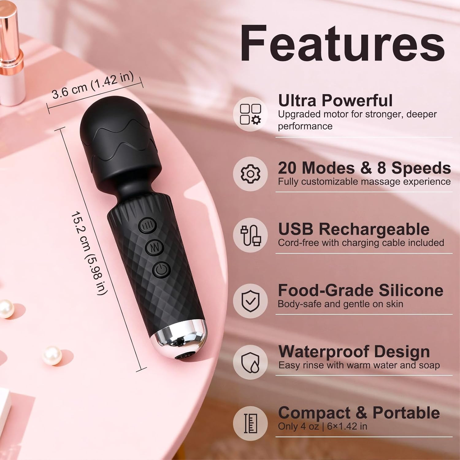 Handheld Mini Massager, Silicone Rechargeable Relieve Tension, 20 Modes 8 Speeds